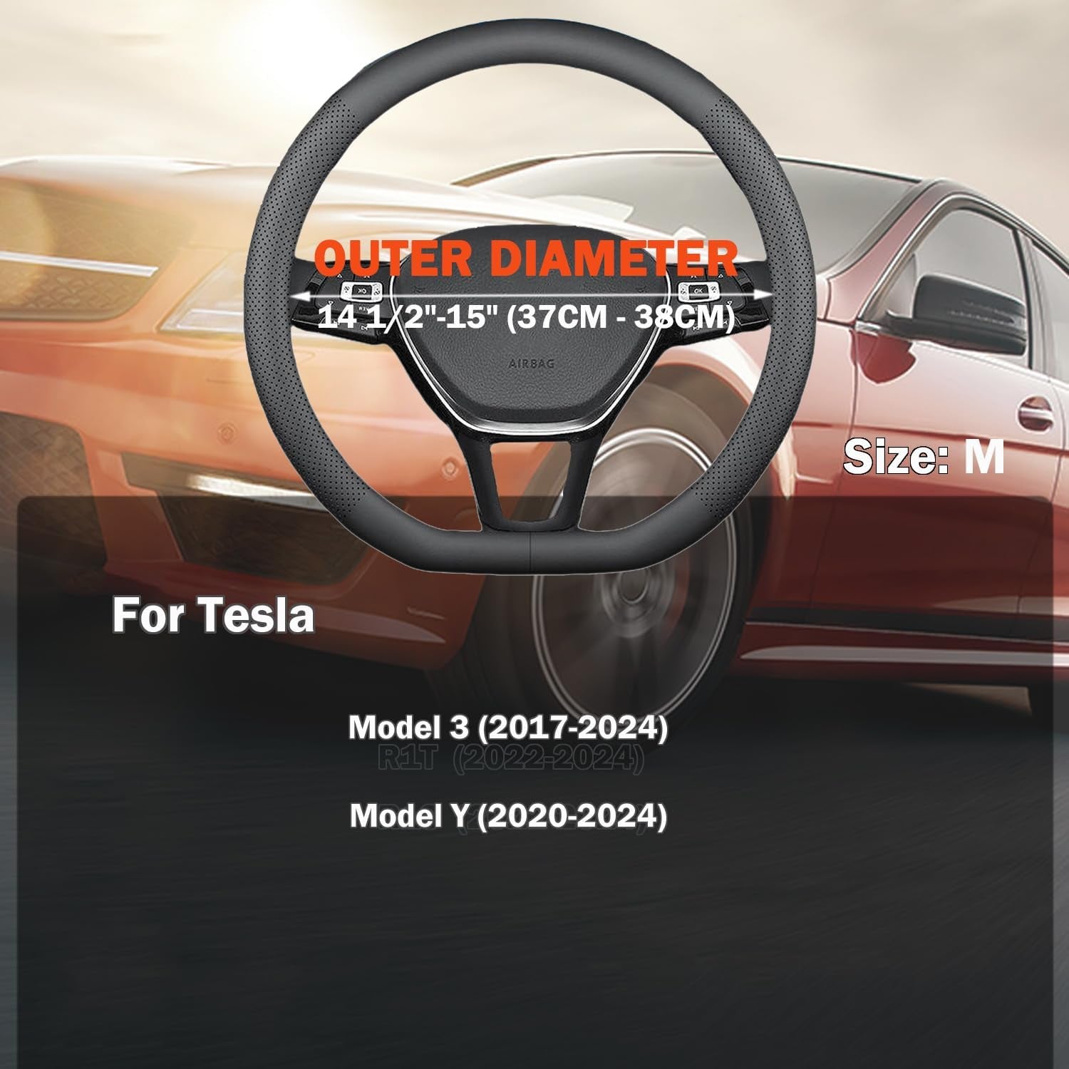 D-Shaped Car Steering Wheel Cover for Tesla Model Y Model 3 Plaid/Long Range 5/6/7 Seater Interior Accessories 2016-2020 2021 2022 2023 2024, Black Premium Leather (14-14 1/4 Inches)