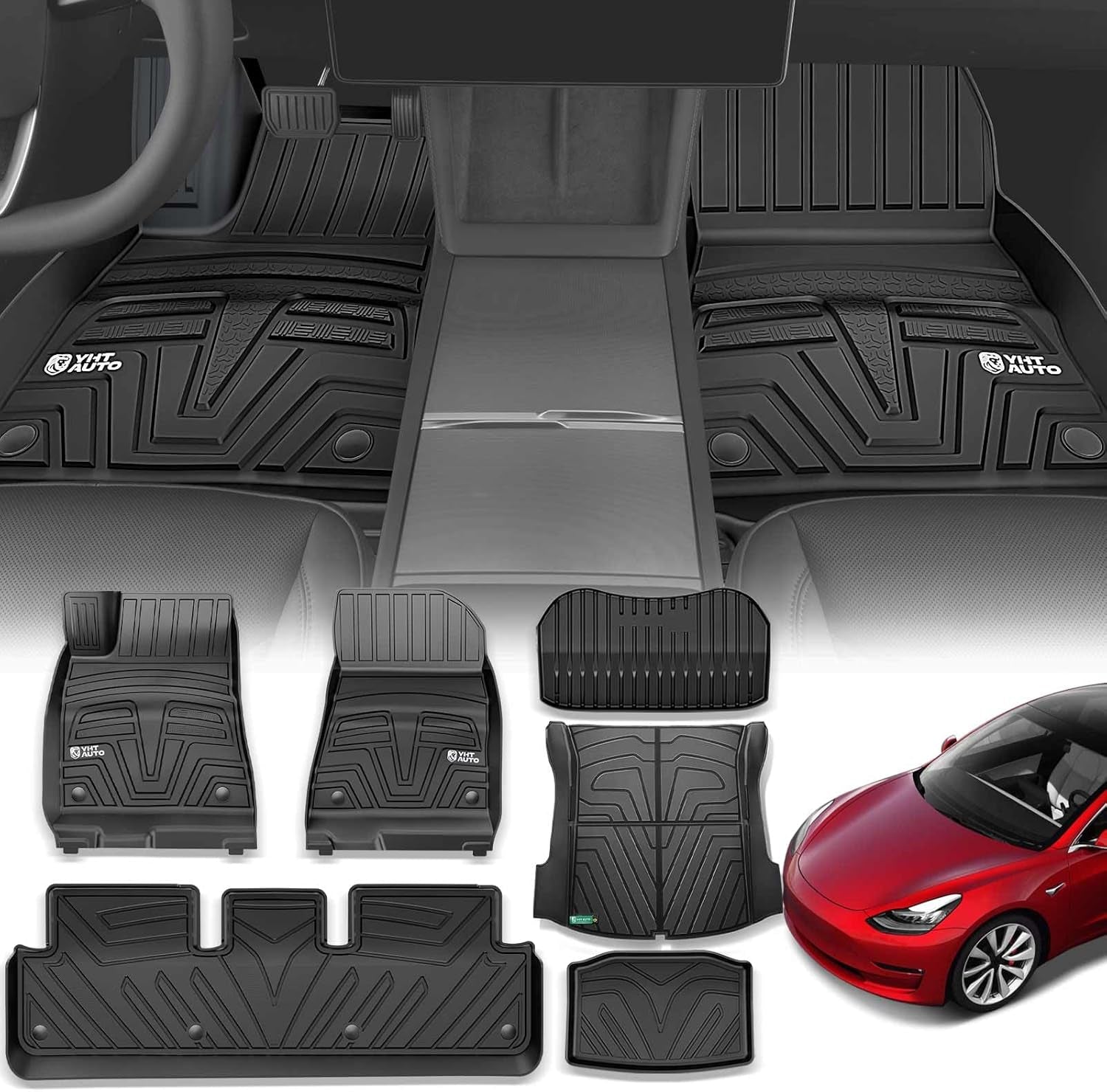 Floor Mats Compatible with Tesla Model 3 2021-2023, All Weather TPE Front Rear Cargo Liner, Rear Storage Mats, Model 3 Accessories, Red, Set of 6