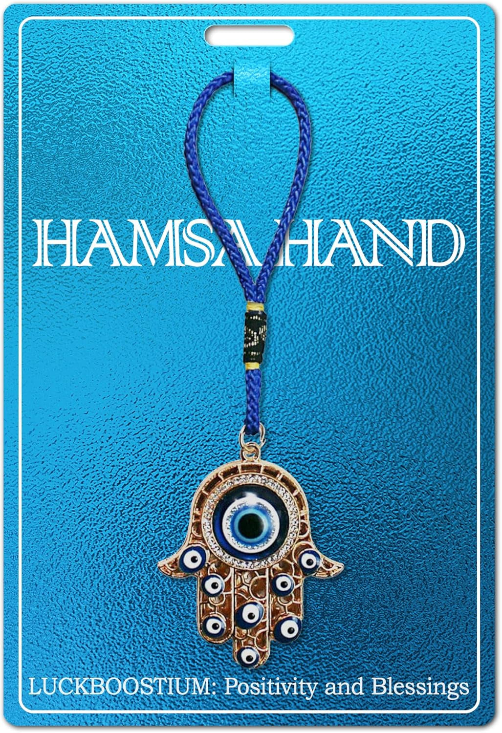 Hamsa Hand Amulet Pendant W/Crystal Rhinestones Blue, White & Black Evil Eye Car Hanging Ornament Rear View Mirror Accessories - Door, Wall, Bag Charms (Gold & Matching Tassel)