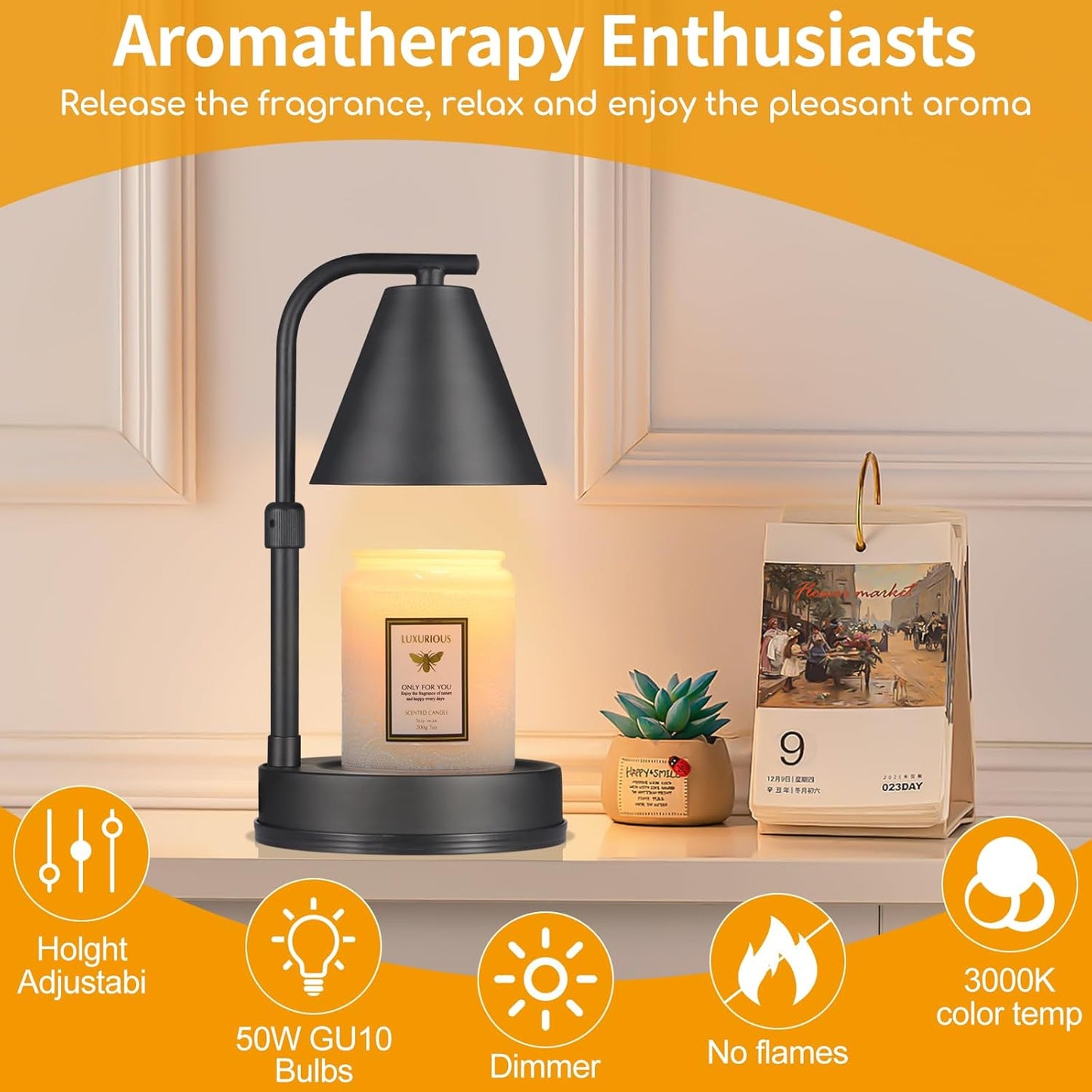 Candle Warmer Lamp,Adjustable Height Black Metal Candle Warmer,Gifts for Mom,House Warming Gifts New Home Dimmable for Scented Jar Candles