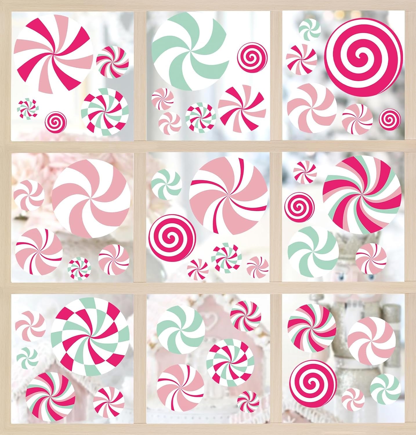 Christmas Window Cling Pink Green Candy Window Sticker Xmas Reusable PVC Window Decal for Winter Glass Mirror Decor, 9 Sheets