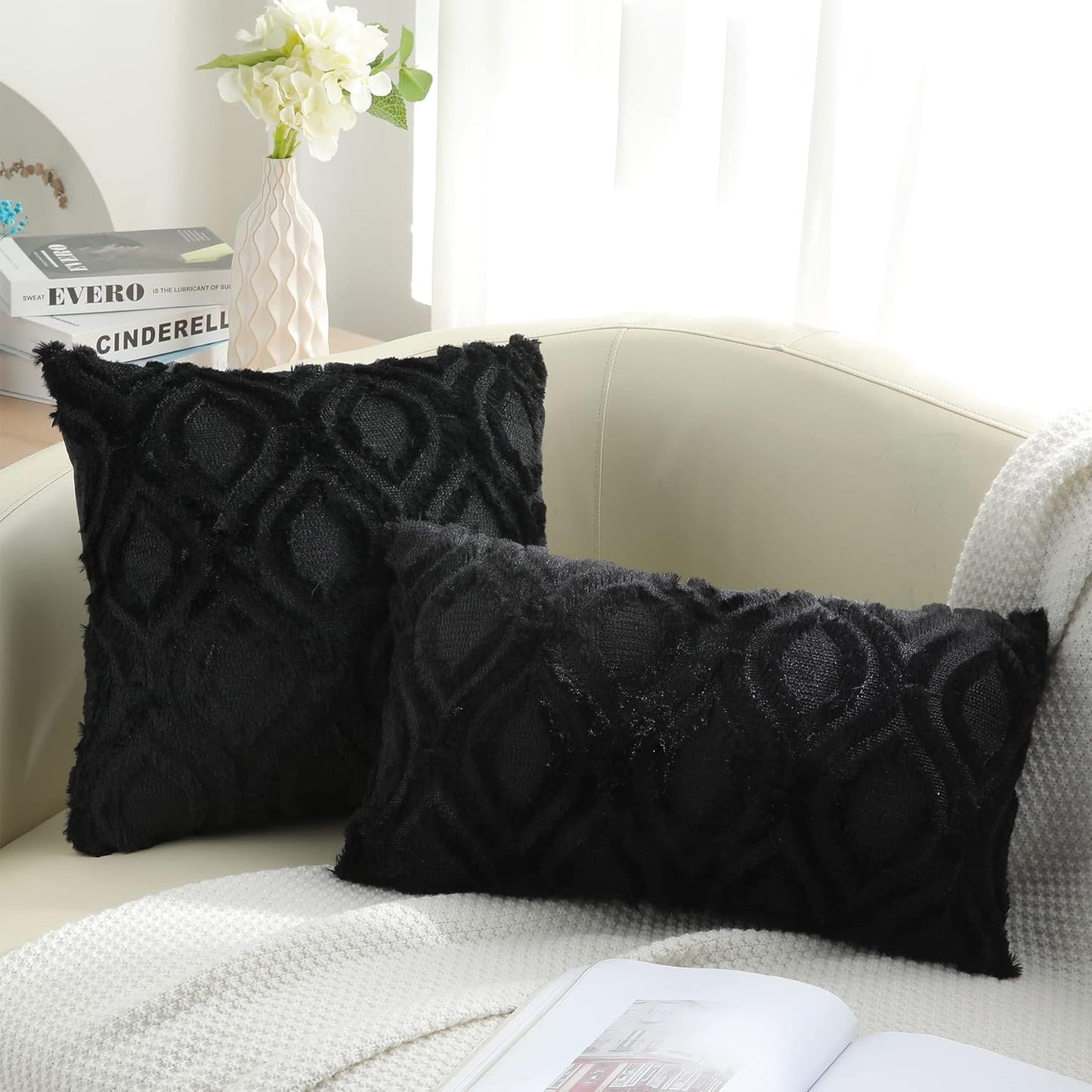 Decorative Throw Pillow Covers 18X18, Soft Plush Faux Wool Couch Pillow Covers for Home, Set of 2, Black