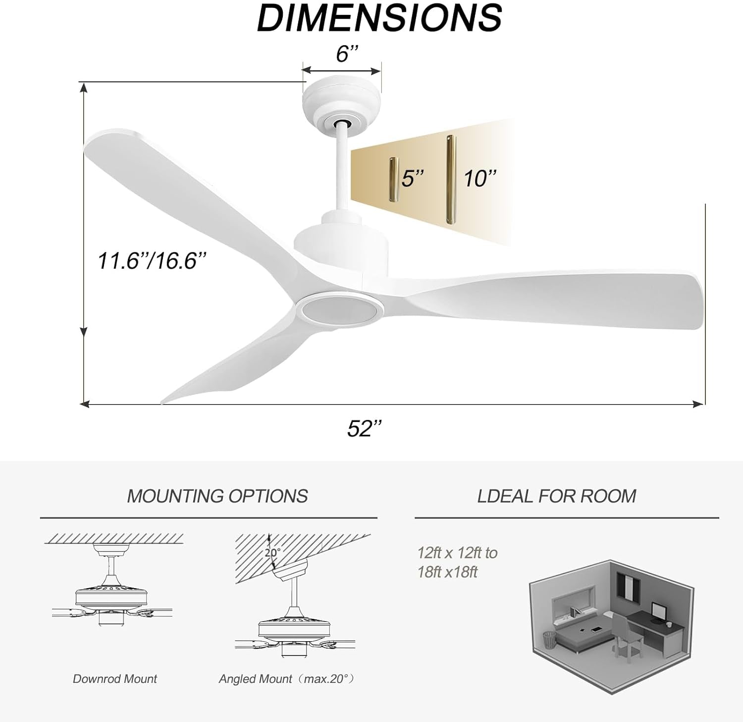 52 Inch Smart Ceiling Fan with Quiet DC Motor, 3 Blade High CFM Indoor Outdoor Modern White Ceiling Fan with Lights Remote Control for Bedroom Living Room