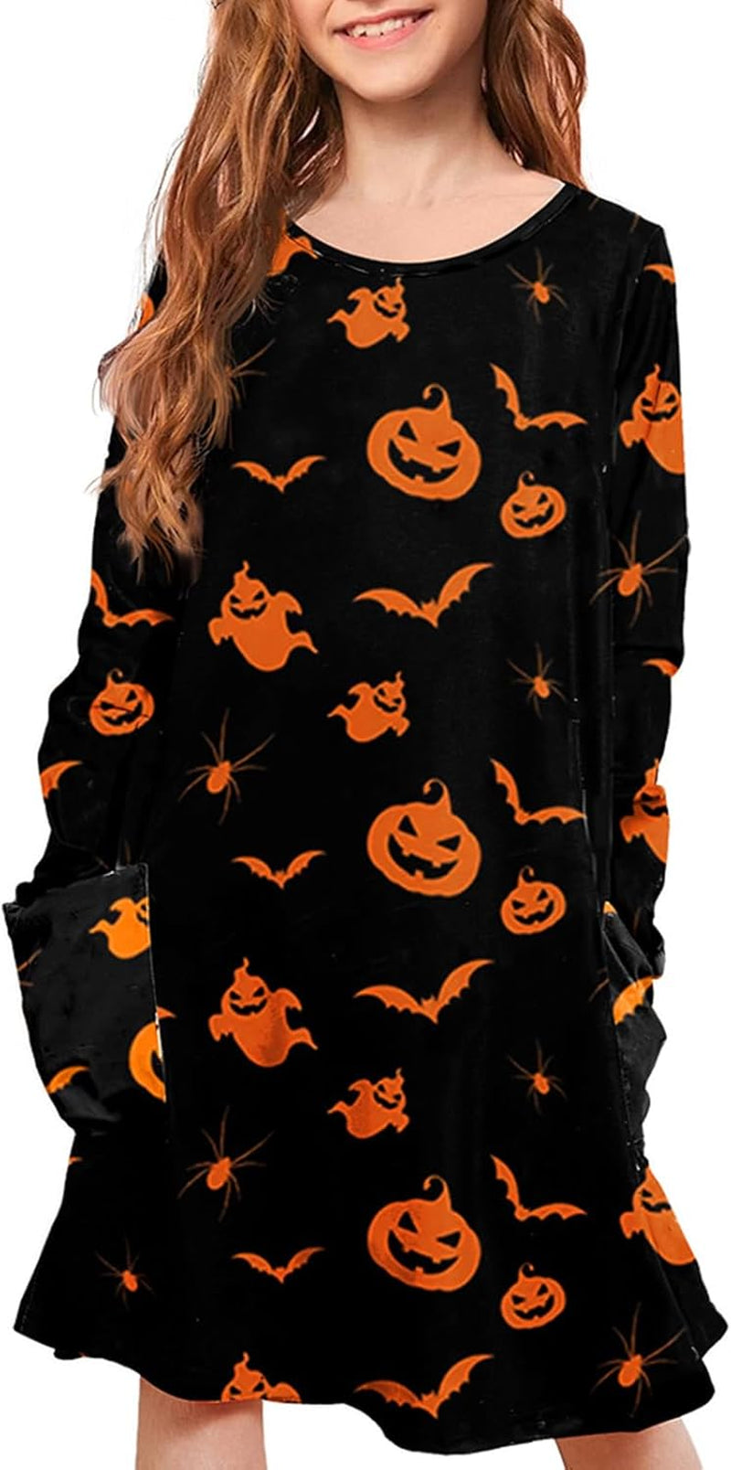 Girls Halloween Costumes Dresses for Kids Costume Dress Long Sleeve Printed Shirt Dresses with Pockets