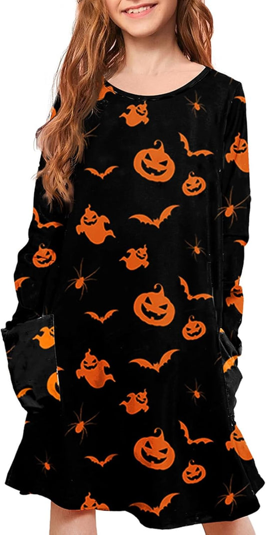 Girls Halloween Costumes Dresses for Kids Costume Dress Long Sleeve Printed Shirt Dresses with Pockets