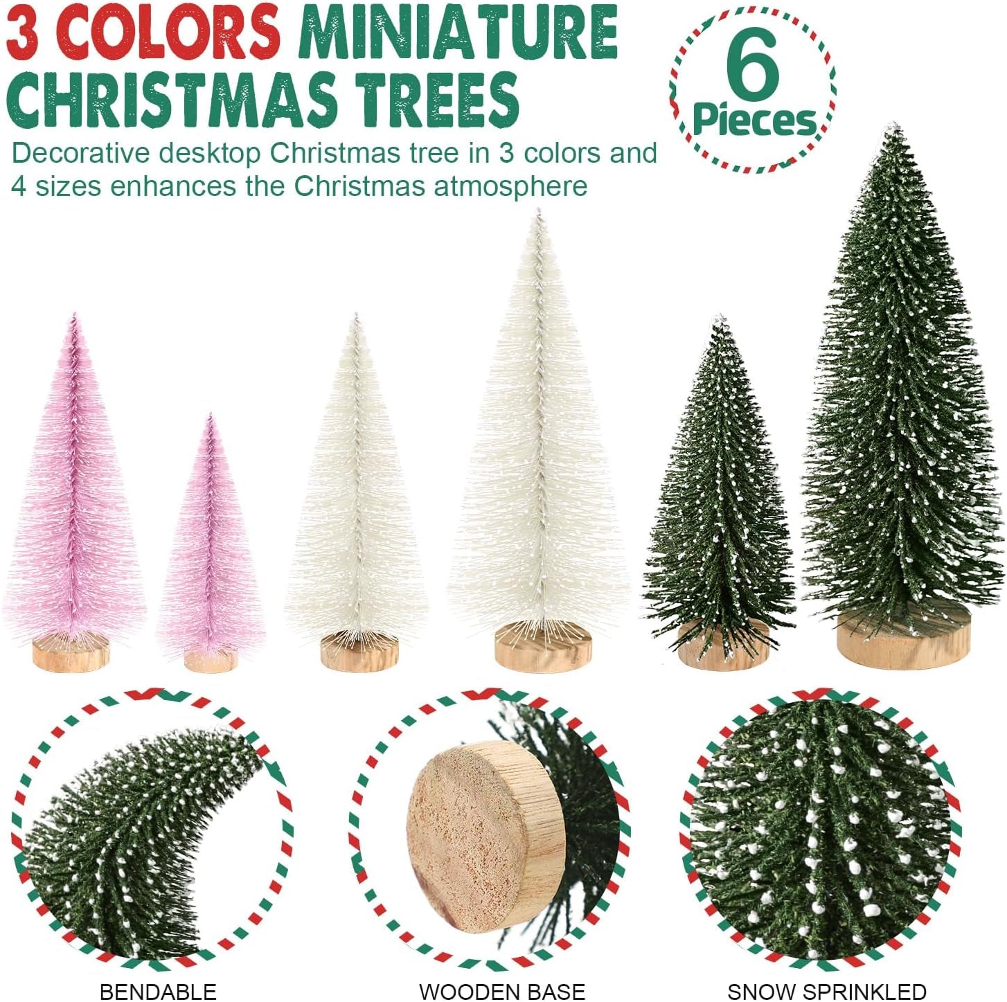 6Pcs Mini Christmas Trees Christmas Decor, Artificial Christmas Mini Bottle Brush Trees Tabletop, Christmas Decoration Trees with 4 Size Xmas Holiday Decor (6Pcs Green+Pink+Beige)