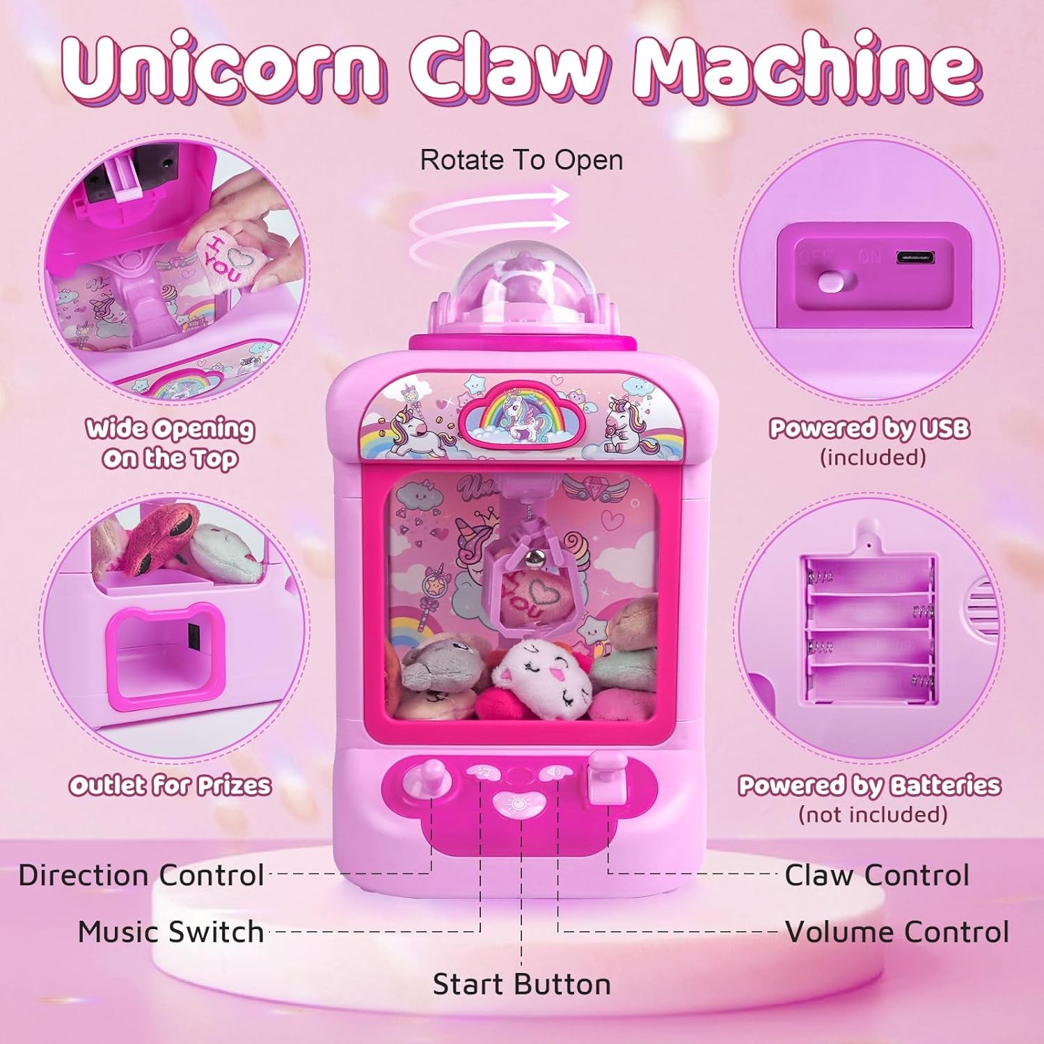Claw Machine for Kids, Mini Vending Machine Girls Unicorn Toys, Candy Grabber Prize Dispenser with Sound & 20 Mini Plush Toys, Electronic Arcade Game Indoor Toy for Home Party Birthday Gifts ZOUSA