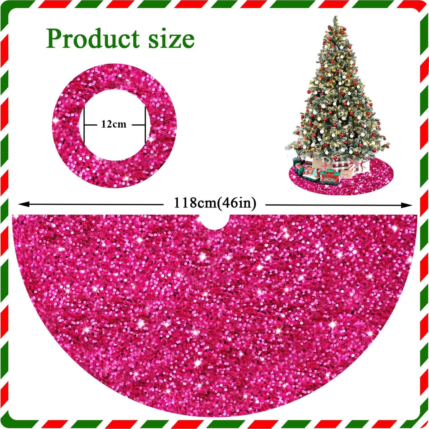 Hot Pink Christmas Tree Skirt 46 Inch Sparkle Sequin Christmas Tree Skirt Fuchsia Xmas Tree Skirt for Thanksgiving Holiday with Embroidered Tree Cover Mat Shiny Tree Carpet Classic Tree Floor Mat