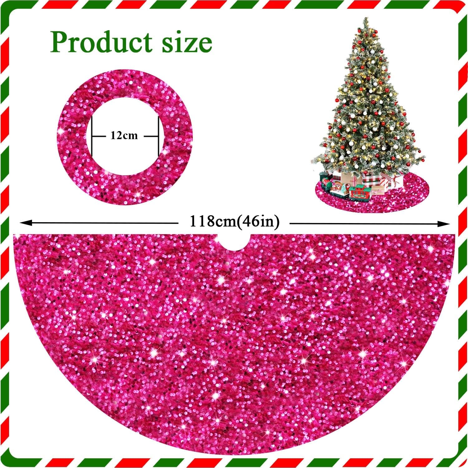 Hot Pink Christmas Tree Skirt 46 Inch Sparkle Sequin Christmas Tree Skirt Fuchsia Xmas Tree Skirt for Thanksgiving Holiday with Embroidered Tree Cover Mat Shiny Tree Carpet Classic Tree Floor Mat