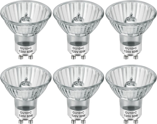 GU10 Halogen Light Bulbs, MR16 120V 50W with GU10 Base for Track Light Bulbs and Range Hood Light Bulbs, GU10+C Candle Warmer Lamp with Dimmable, 2700K Warm White, 6000+Hours Long-Lastin Pack of 6