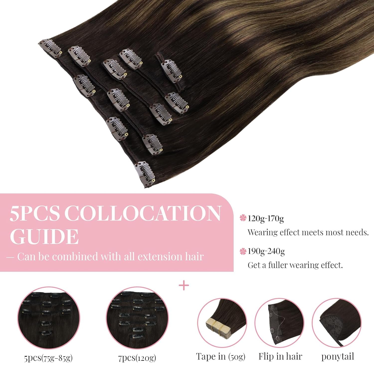 Hair Extensions Clip in Human Hair, 5Pcs 75G Balayage Dark Brown Mixed Chestnut Brown 16 Inch, Clip in Hair Extensions Real Human Hair Extensions Natural Straight Hair for Women