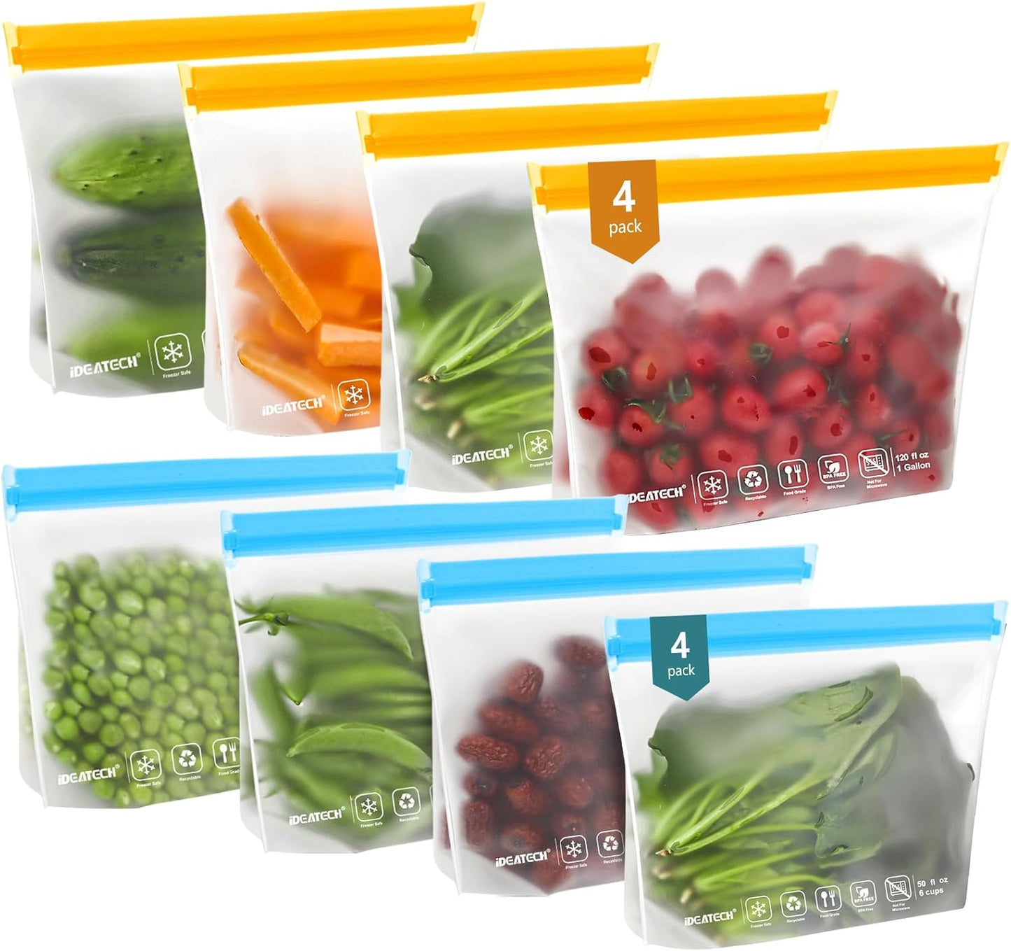 20Pack Dishwasher Safe Reusable Bags, Leakproof Reusable Freezer Bags, BPA Free Reusable Food Storage Bags Sandwich Bags Snack Bags for Lunch Travel(8 Gallon 6 Quart 6 Snack,Colored)