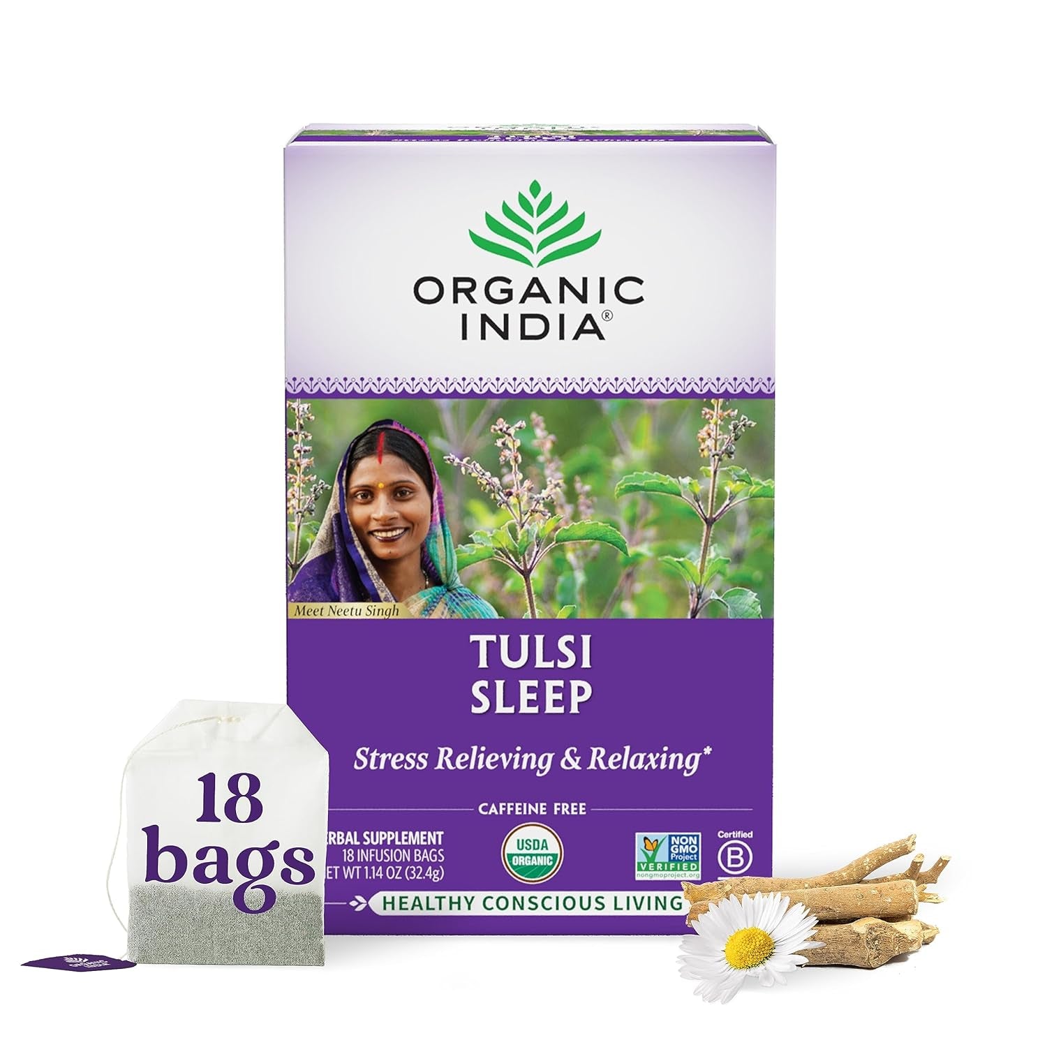 Tulsi Green Tea Bags - Holy Basil Tea, African Basil, Stress Relieving, Immune Support, USDA Certified Organic, Premium Darjeeling Green Tea, Caffeinated - 18 Infusion Bags, 1 Pack TLBH
