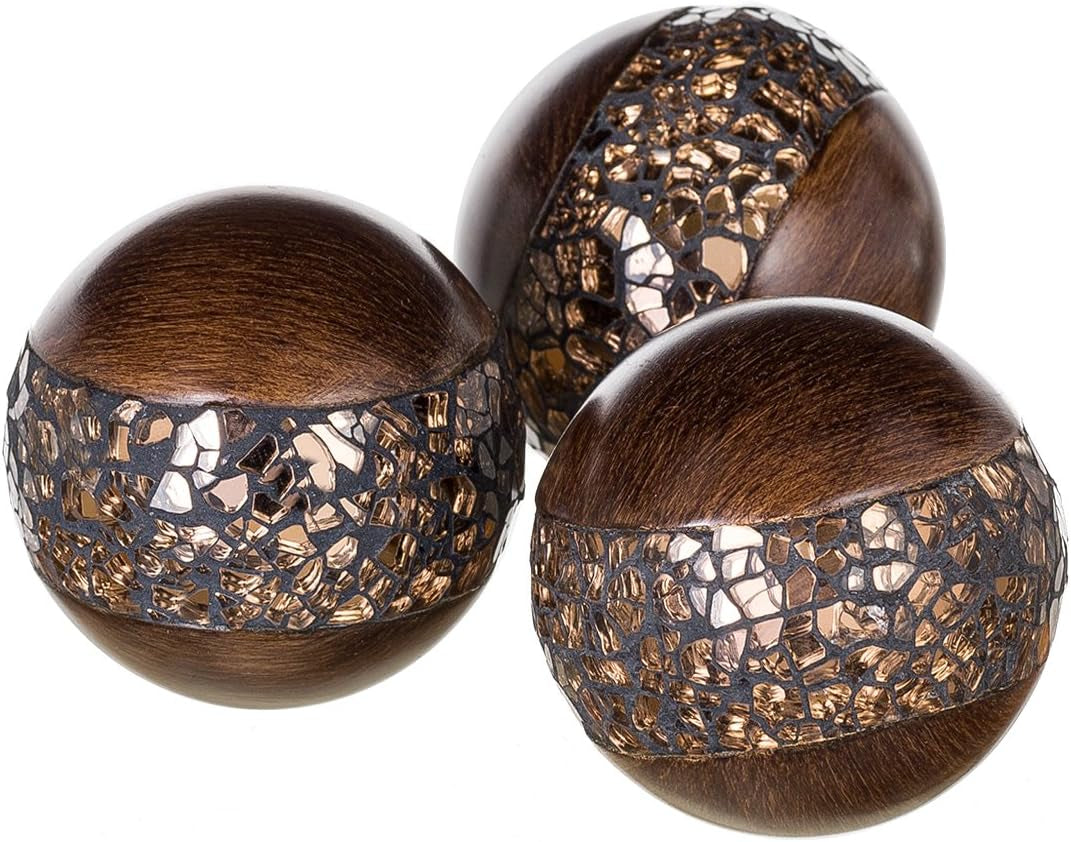 Schonwerk Brown Walnut Decorative Orbs for Bowls and Vase Fillers (Set of 3) Resin Sphere Balls for Living, Dining Room, Coffee Table Centerpiece Home Decor - Great Gift Idea
