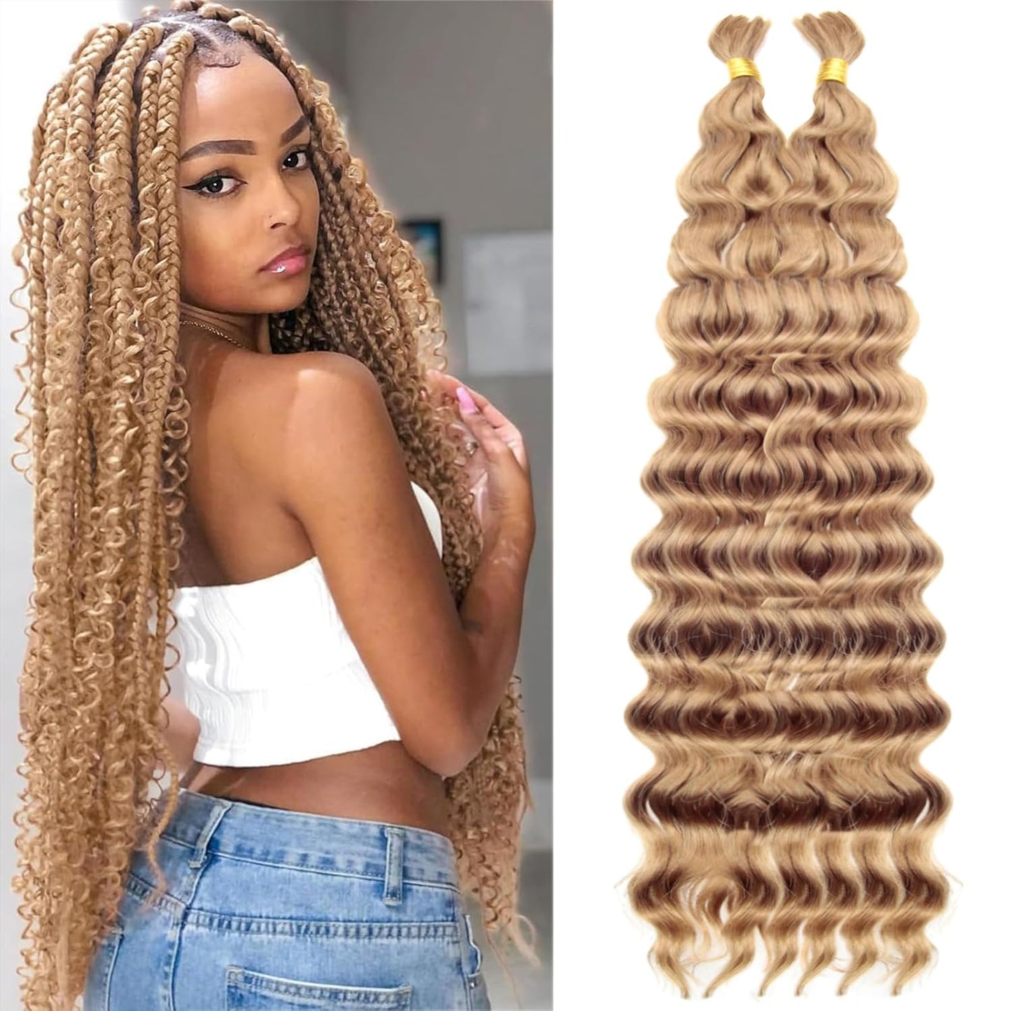 Braiding Hair Deep Wave Bulk Hair for Braiding Boho Hair for Braiding Deep Water Wave Braiding Hair No Weft Wet and Wavy Braiding Hair Extensions (27#, 18 Inch)