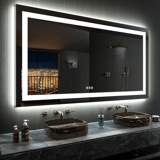 60”X30“ RGB LED Bathroom Mirror with Lights for Bathroom, Anti-Fog, Dimmable，Multiple Light Modes, RGB Backlit + Front Light, Memory Function, Tempered Glass