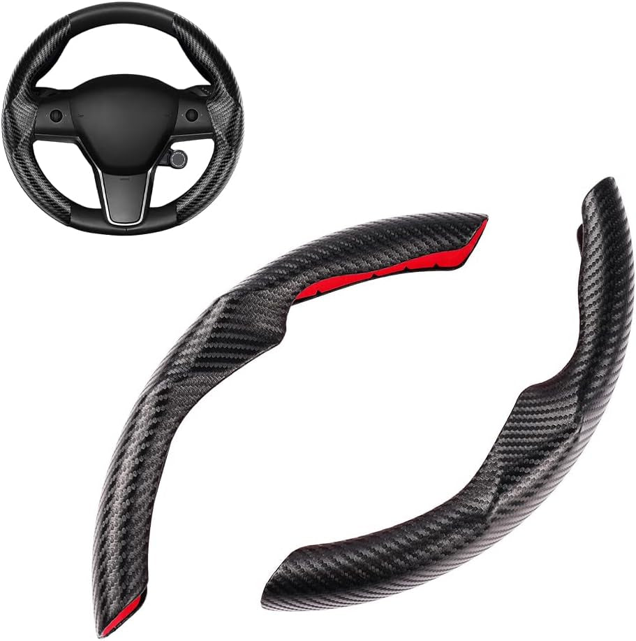 Carbon Fiber Steering Wheel Cover Custom Fit for Tesla Model 3 2017-2024 2025 and 2020-2024 2025 Model Y Accessories anti Skid Leather Car Segmented Steering Wheel Protector (Black)