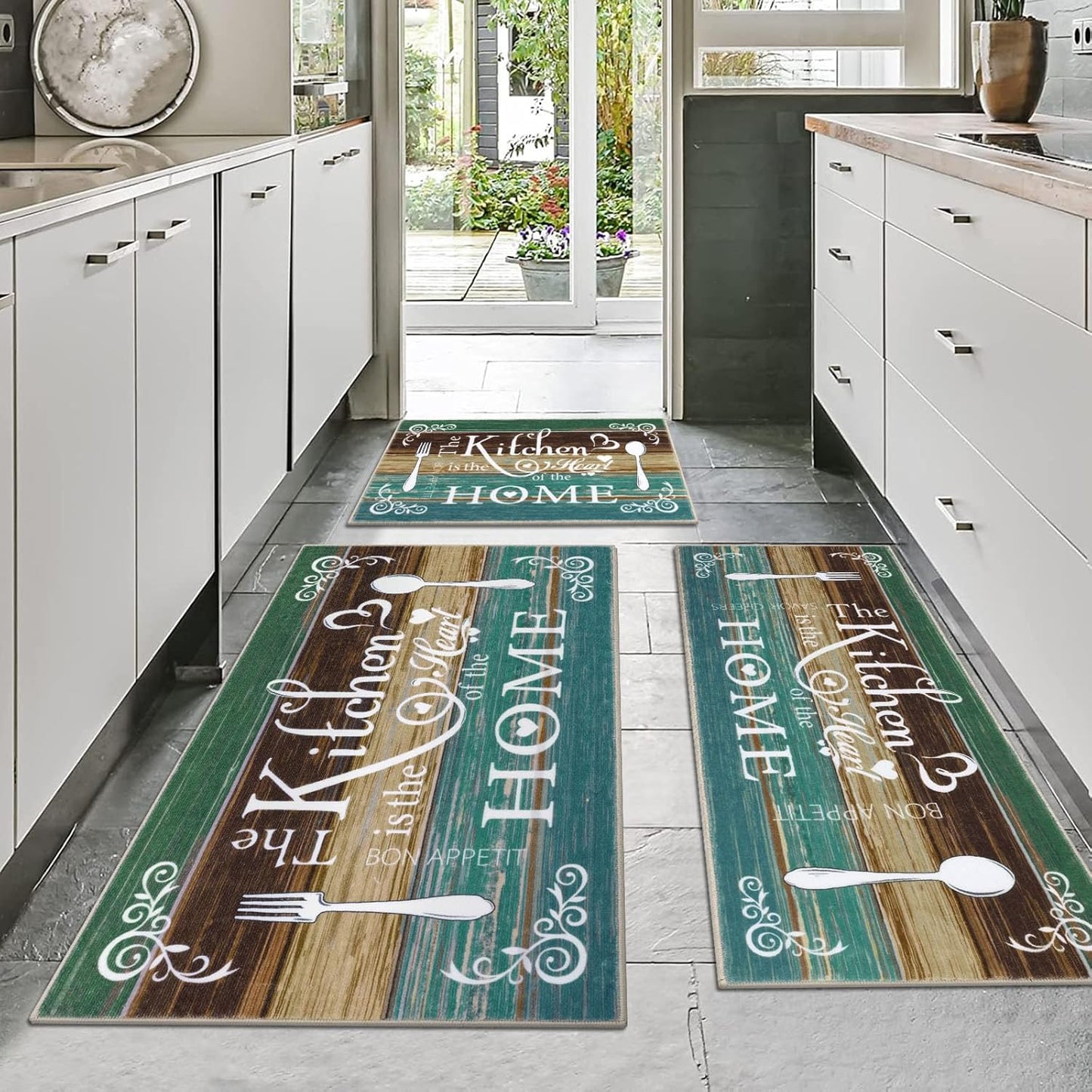 Boho Kitchen Rug Sets 3 Pieces, Washable Kitchen Mats for Floor, Non Slip Soft Kitchen Area Rug Floor Mat for Kitchen, Laundry Room and Hallway (Teal, 20''X32''+20''X47''+20''X59'')