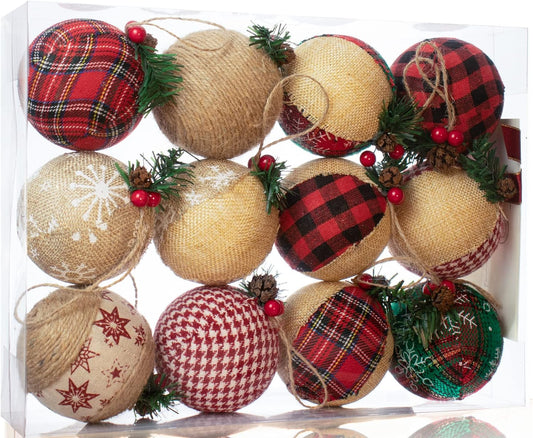 12 Piece Rustic Christmas Tree Ornaments, Farmhouse Christma Decoration, Natural Jute Burlap Christmas Ball