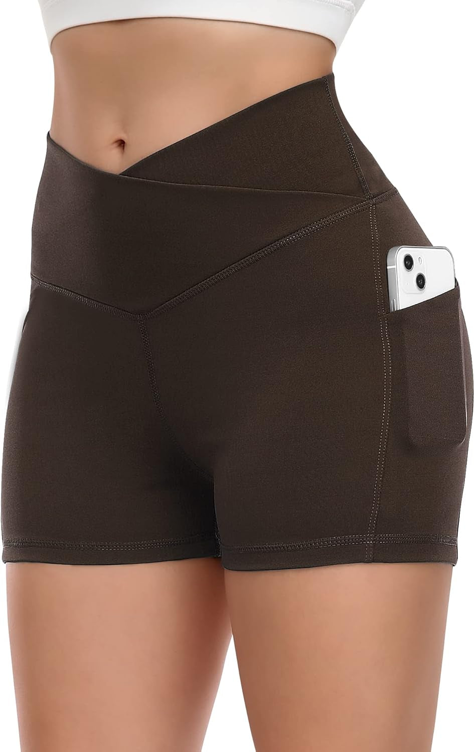 Women'S Ribbed Cross Waist Workout Shorts Scrunch Butt Lifting Shorts with Pockets High Waisted V Cross Biker Shorts