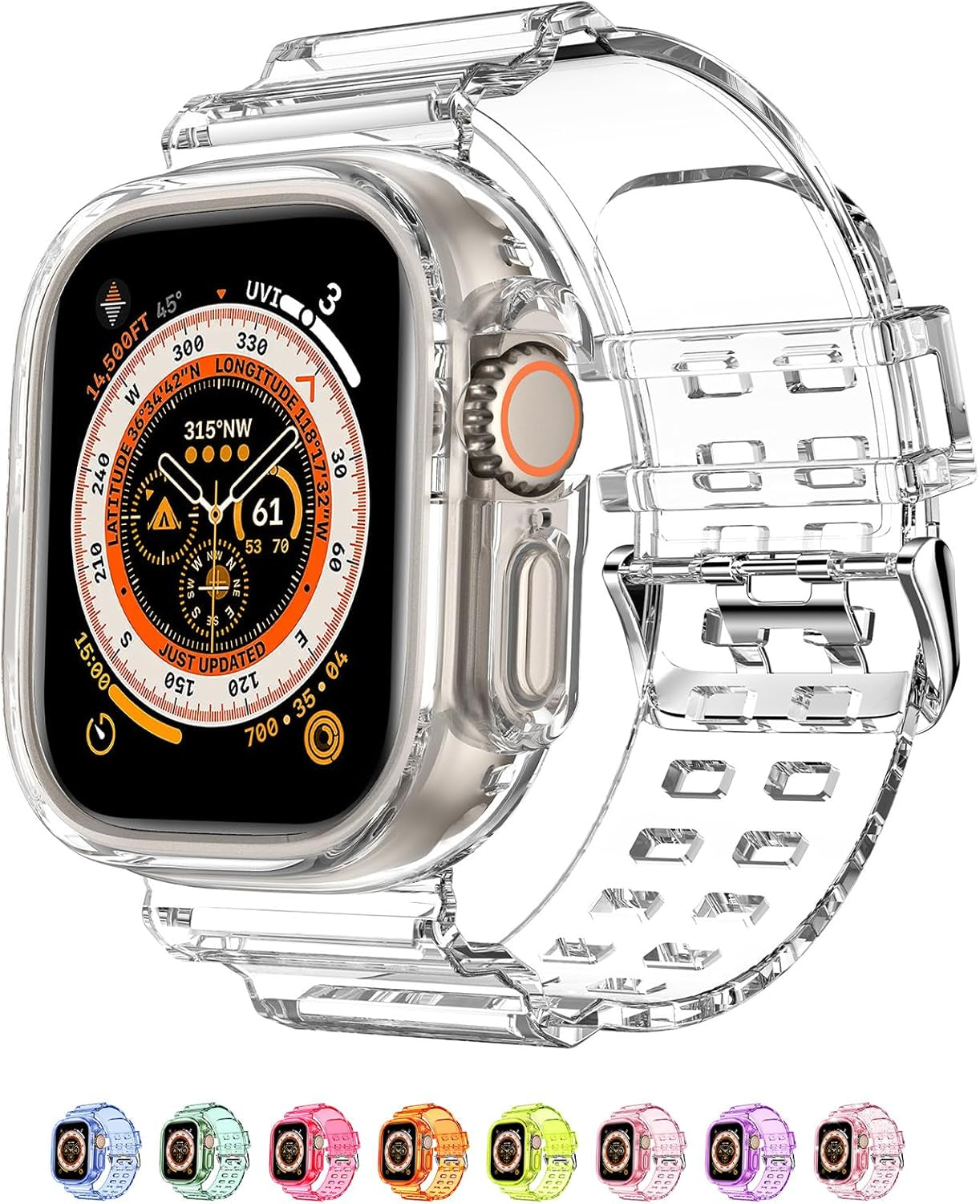 Compatible for Clear Apple Watch Band with Bumper Case, Women Men Glitter Bling TPU Sport Strap for Iwatch SE Ultra Series 10 9 8 7 6 5 4 3 2 1