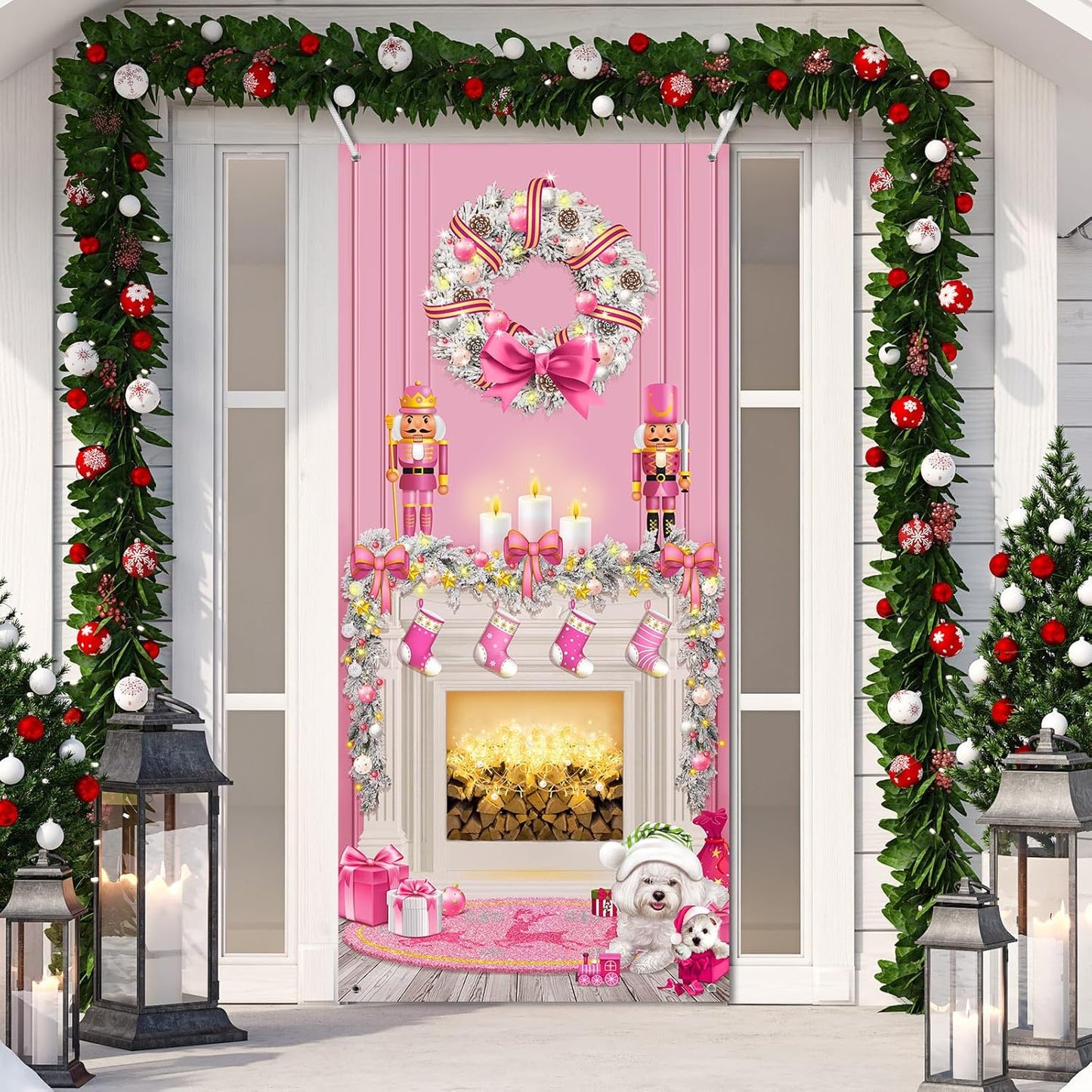 Christmas Door Cover Decoration Christmas Fireplace Door Cover Xmas Nutcracker Banner Backdrop Photo Booth Prop Background for Holiday New Year Door Party Supplies 6.5 X 3 Feet (Pink Style)