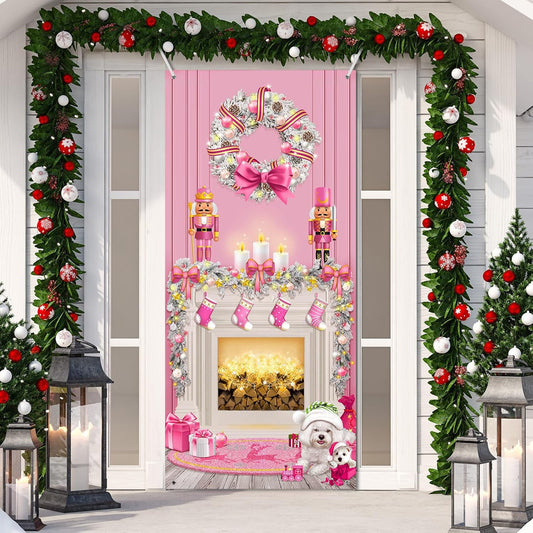 Christmas Door Cover Decoration Christmas Fireplace Door Cover Xmas Nutcracker Banner Backdrop Photo Booth Prop Background for Holiday New Year Door Party Supplies 6.5 X 3 Feet (Pink Style)