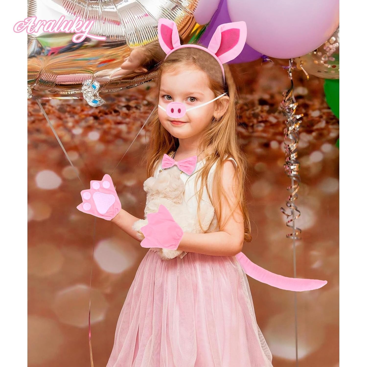 Pig Costume Set Pig Ears Headband, Pig Nose, Bowtie, Tail & Paw Gloves Pink Pig Costume Accessories Set Fancy Dress Costume Accessories for Halloween Dress up Play Party Carnival World Book Day