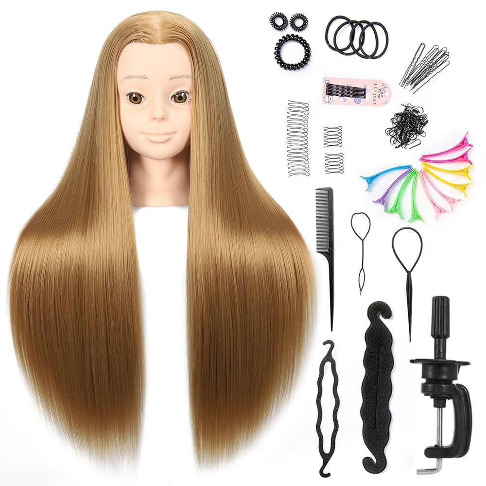 26"-28" Mannequin Head Hair Styling Mannequin Head for Hair Styling and Free Table Stand Training Head Manikin Cosmetology Doll Head with Long Fiber Hair Hairdresser Practice Head for Stylist