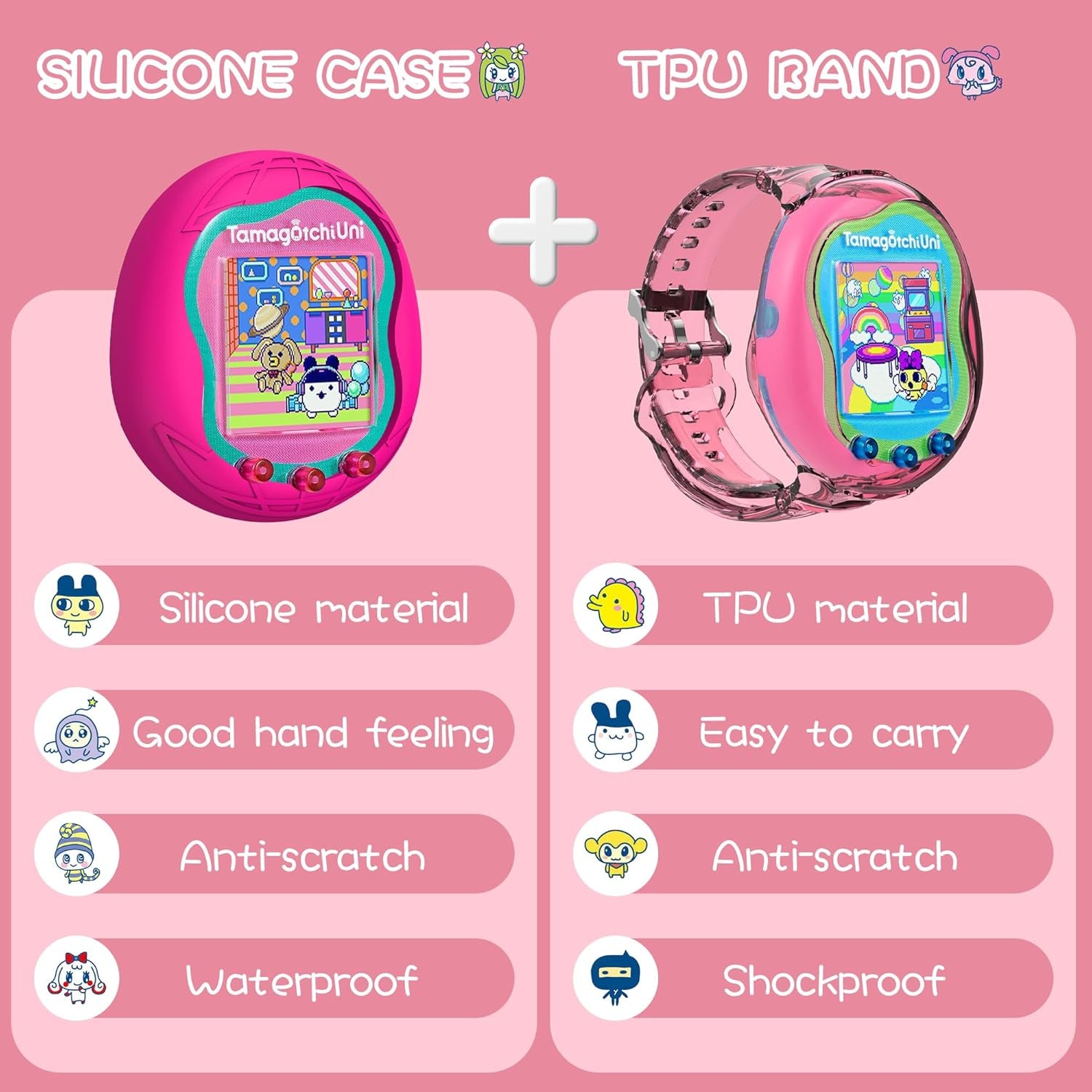 2 Pack Case for Tamagotchi Uni, Silicone Case + TPU Band Protective Cover for Tamagotchi Uni Interactive Virtual Pet Game Machine(Rose Red+Pink) ZOUSA