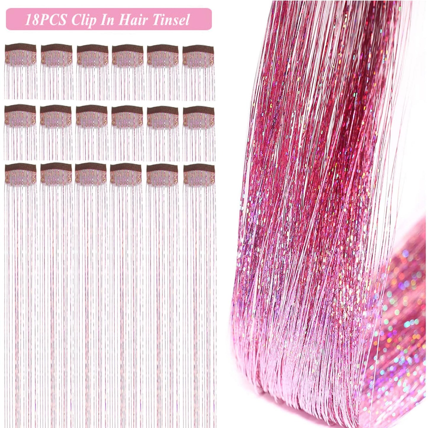 Hair Tinsel Kit Pack of 18 Pcs Hair Tinsel Clip in 19.6Inch Glitter Tinsel Hair Extensions Heat Resistant Clip in Hair Tinsel Sparkle Fairy Hair Accessories for Kids Girls Women (Pink)