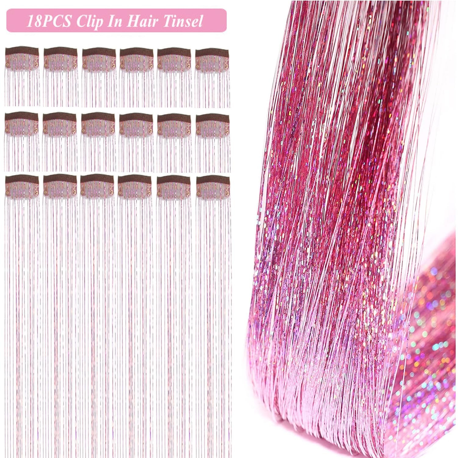 Hair Tinsel Kit Pack of 18 Pcs Hair Tinsel Clip in 19.6Inch Glitter Tinsel Hair Extensions Heat Resistant Clip in Hair Tinsel Sparkle Fairy Hair Accessories for Kids Girls Women (Pink)