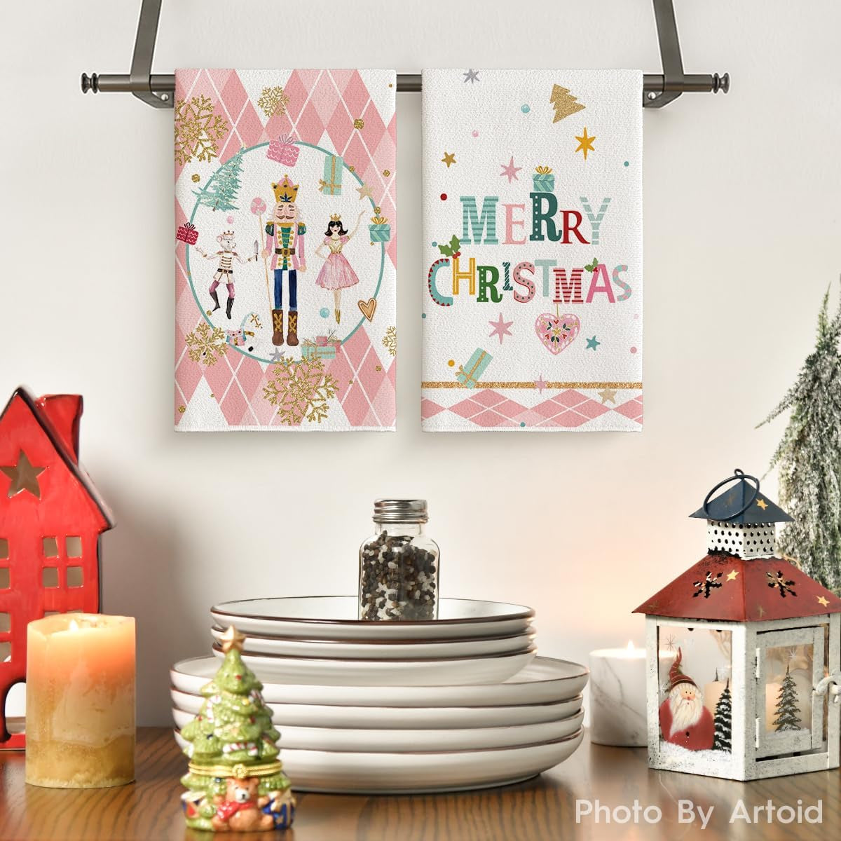 Pink Nutcrackers Tree Holly Jolly Merry Christmas Kitchen Towels Dish Towels, 18X26 Inch Seasonal Winter Xmas Decoration Hand Towels Set of 4