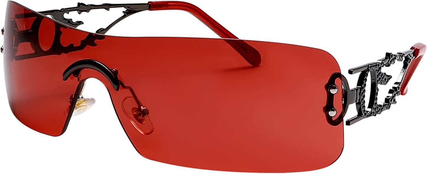 Rimless Y2K Sunglasses for Women Men Rectangle Vintage Glasses Fashion Flame Metal Sunglass Frameless Retro Eyewear