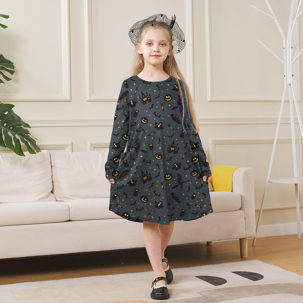 Girls Halloween Costumes Dresses for Kids Costume Dress Long Sleeve Printed Shirt Dresses with Pockets