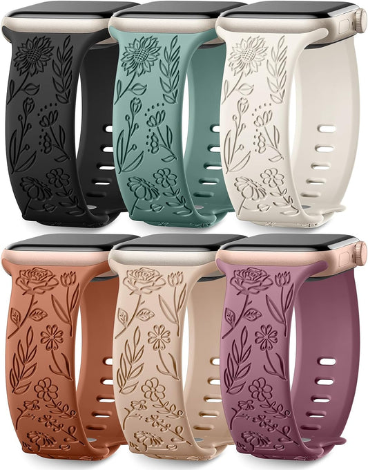 6 Pack Floral Engraved Bands Compatible with Apple Watch Bands for Women 40Mm 41Mm 42Mm 38Mm 44Mm 45Mm 46Mm 49Mm, Soft Silicone Cute Flower Pattern Sport Strap for Iwatch Series 10 9 8 7 6 5 4 3 2 1 Ultra SE
