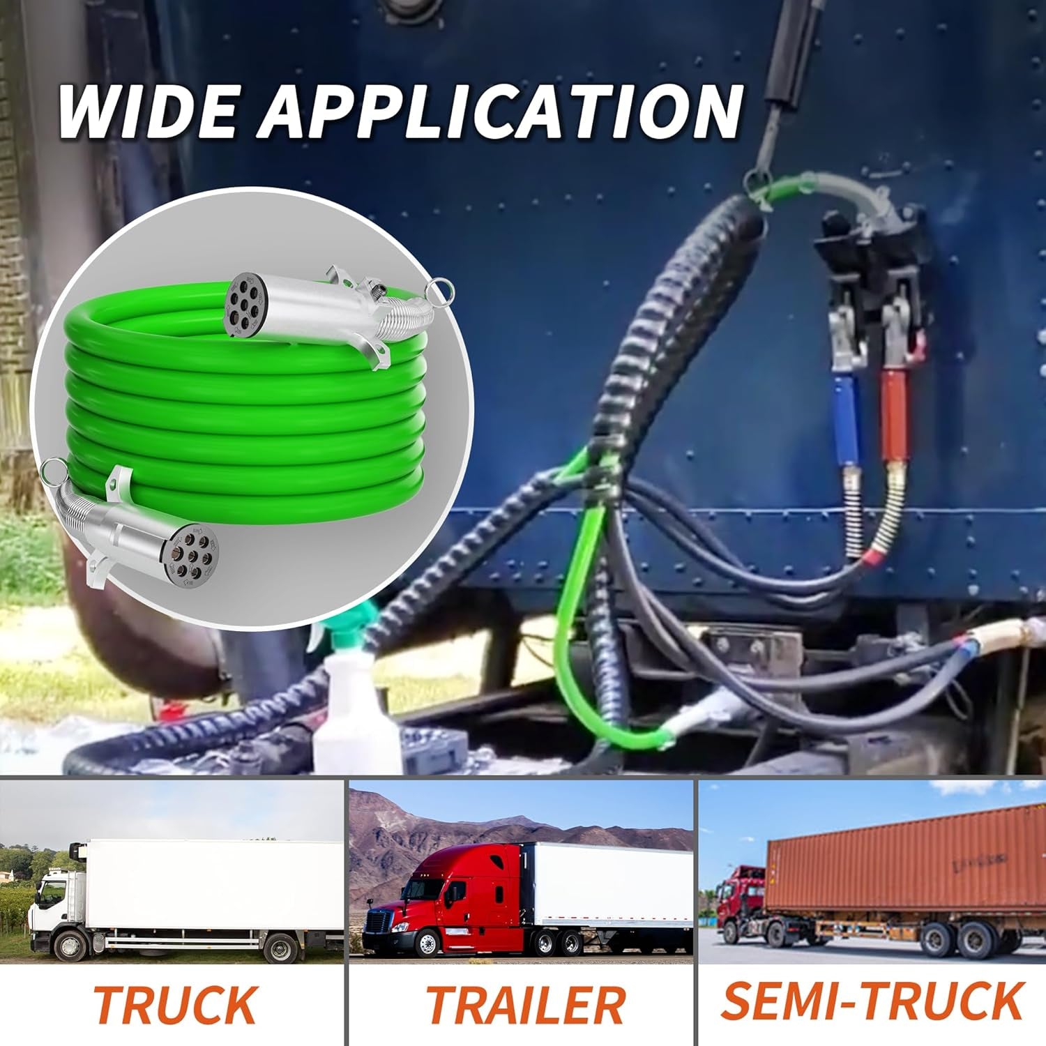 7 Way Trailer Cord 12 FT ABS Heavey Duty, Flexible -85°F Cold Resistance Straight Electrical Power Cable Green for Semi Trailers Trucks Tractors, 4/12+2/10+1/8 Gauge Wire Cable