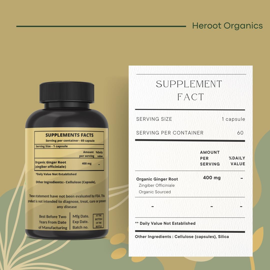 Organic Ginger Root 400Mg (Zingiber Officinale) Organic Ginger Root Capsules | Pure Ginger Powder per Serving | 60 Vegan Capsules TLBH