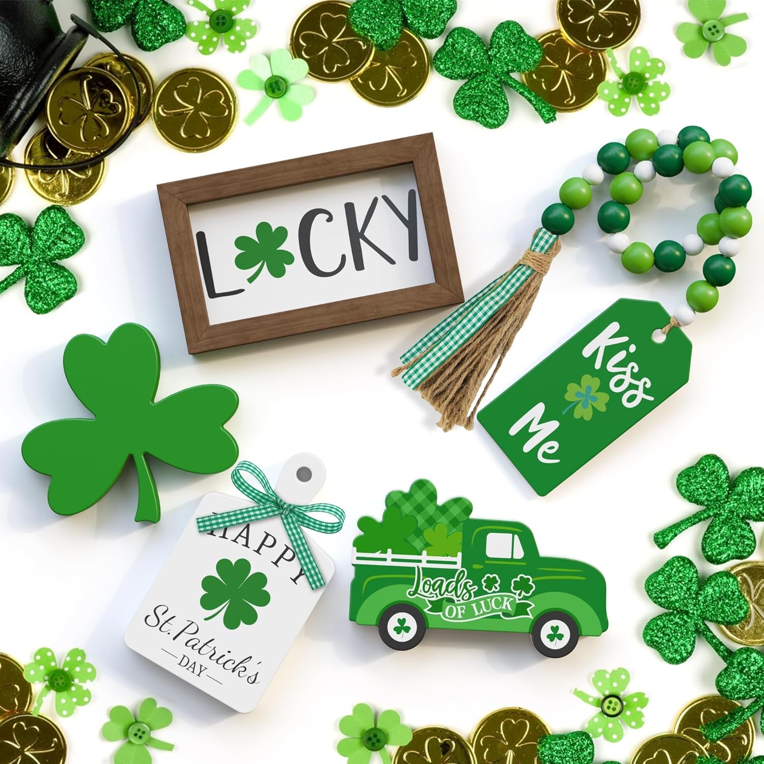 St. Patrick'S Day Tiered Tray Decor Set - 5 Pcs Shamrock Wooden Signs Lucky Decor Bead Garland, St. Patricks Day Decorations for Home Kitchen Table Party Decorations
