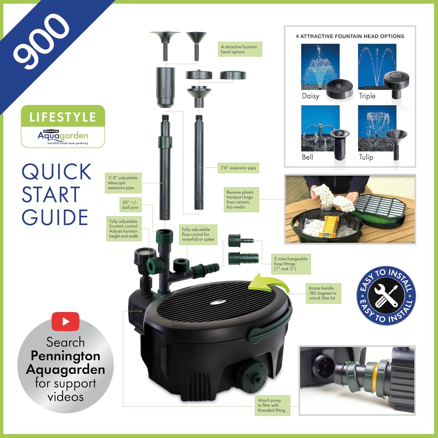 Pennington, Inpond 6 in 1 Pond & Water Pump, Filter, UV Clarifier, LED Spotlight,All in One Solution for a Clean, Clear and Beautiful Pond, for Ponds up to 900 Gallon, Black