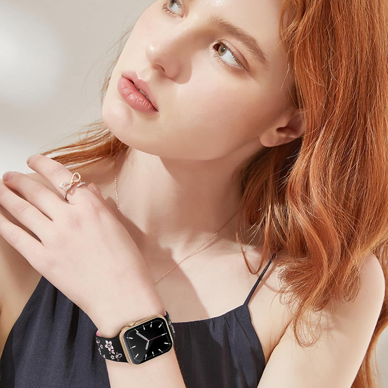 Gold Slim Band Floral Engraved Silicone Band Bundle Compatible with Apple Watch 38Mm 40Mm 41Mm 42Mm 44Mm 45Mm 46Mm 49Mm Women for Iwatch Series 10/9/8/7/6/5/4/3/2/1/Se/Ultra