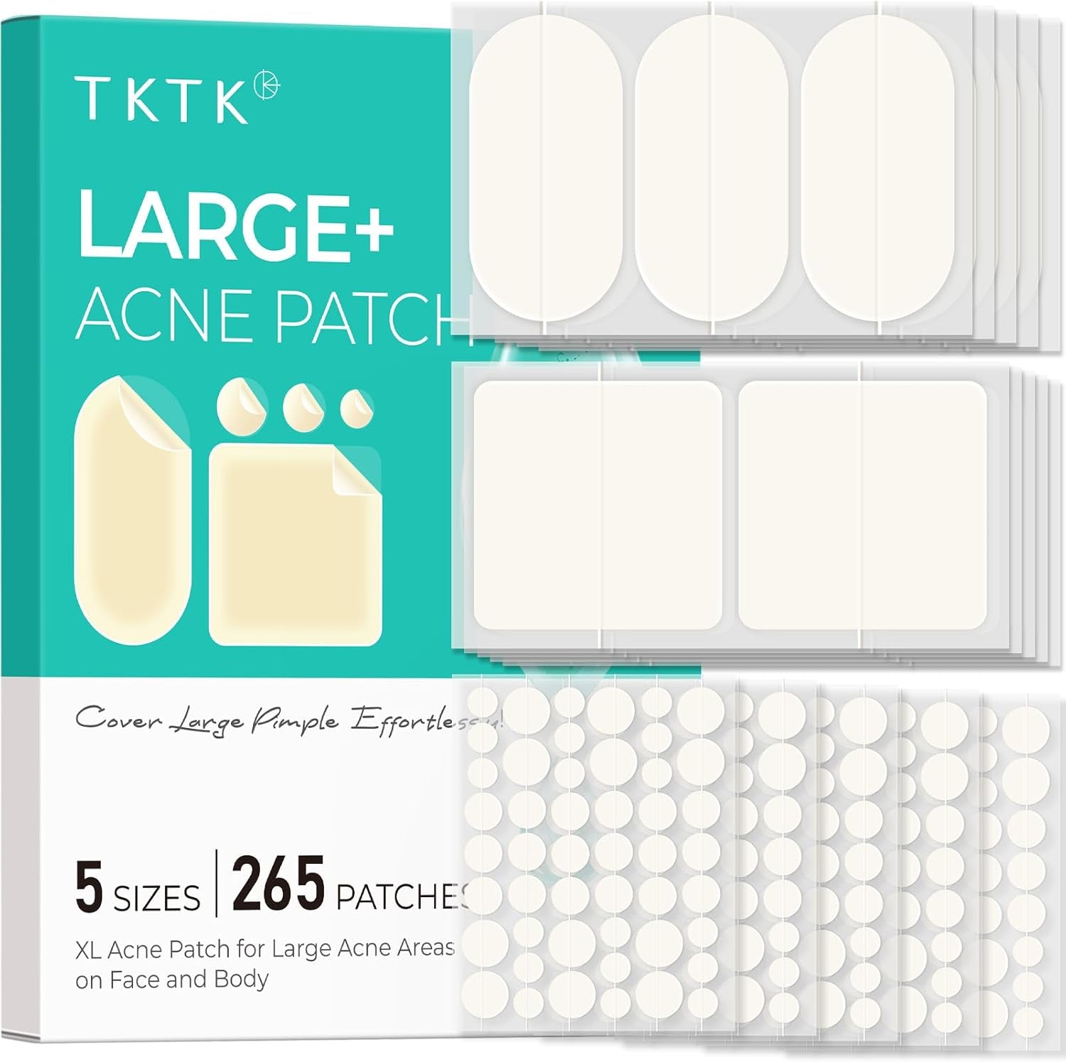 Large Pimple Patches for Face, 60 X 30 Mm XL Acne Patches, Big Hydrocolloid Bandages for Body, Back, Forehead, Chin, Neck Blemish Zit Breakouts (Oval, Square, Dot 5 Sizes 124 Count)