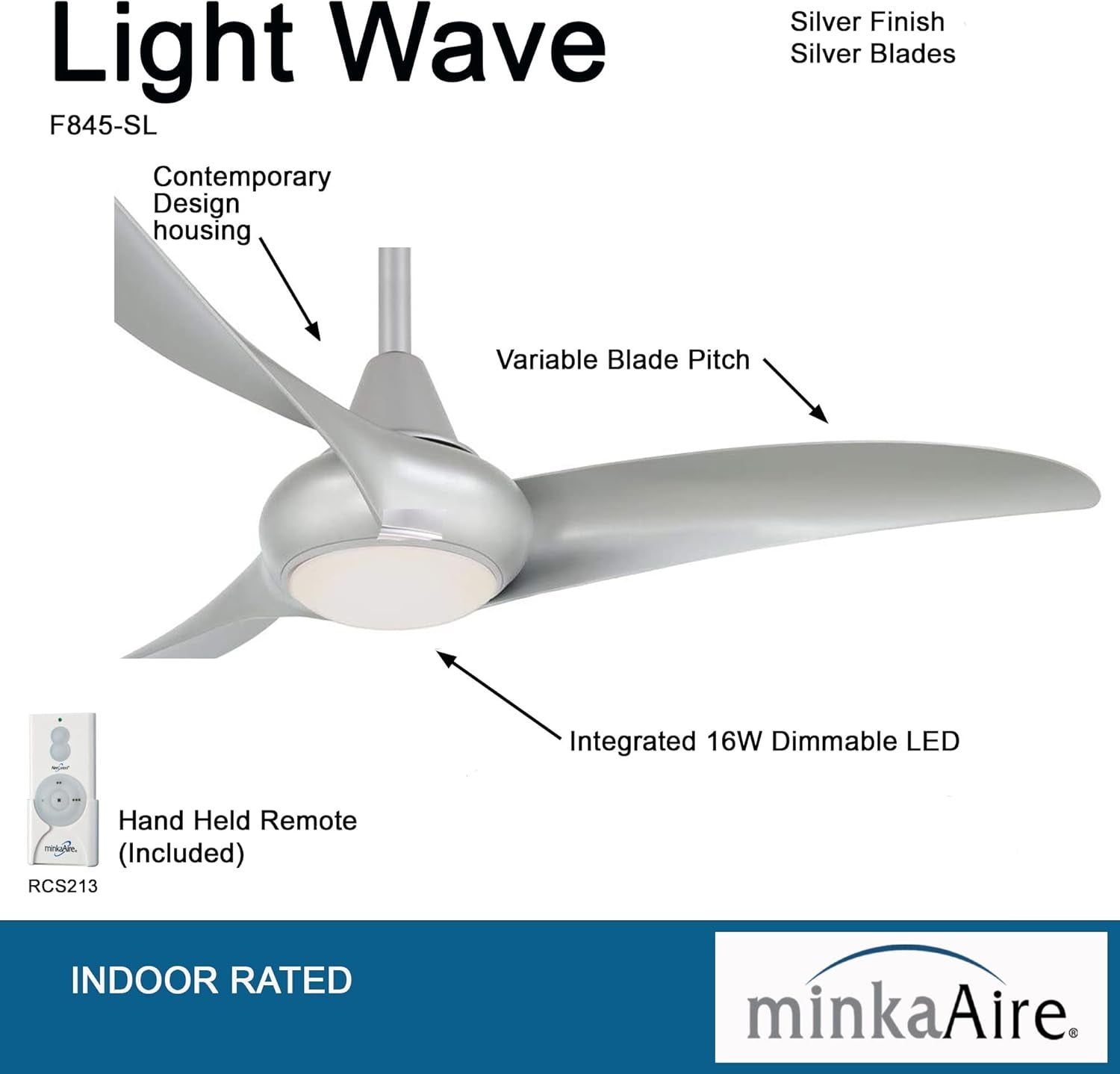 F845-SL Light Wave 44" Ceiling Fan with LED Light and Remote Control in Silver Finish