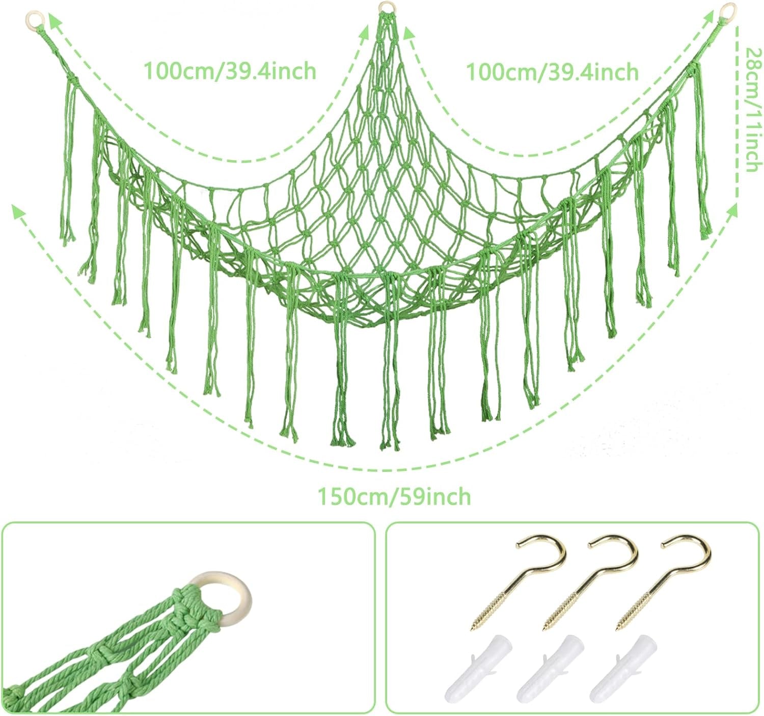 Boho Stuffed Animals Net or Hammock Large,55 Inch Toy Hammock Macrame Stuff Animal Storage Corner Hanging Net Holder,Mesh Hammock Plush Toy Organizer with Hooks for Bedroom,Nursery (Light Green)
