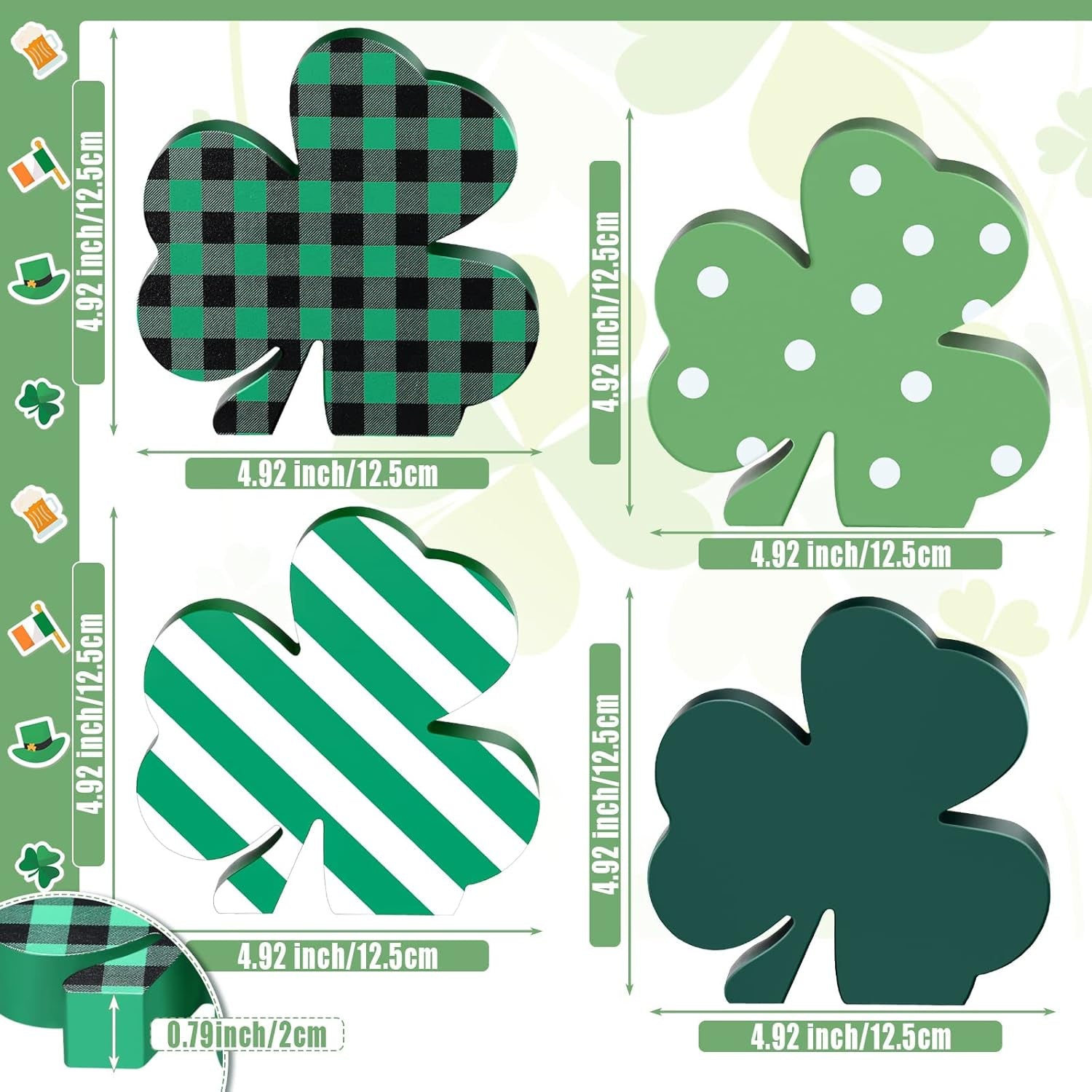 4 Pieces St Patricks Wooden Shamrock Table Signs Irish Lucky Wood Table Centerpiece St. Patrick Decoration for Holiday Home Office Tiered Tray Decor(Simple Style)