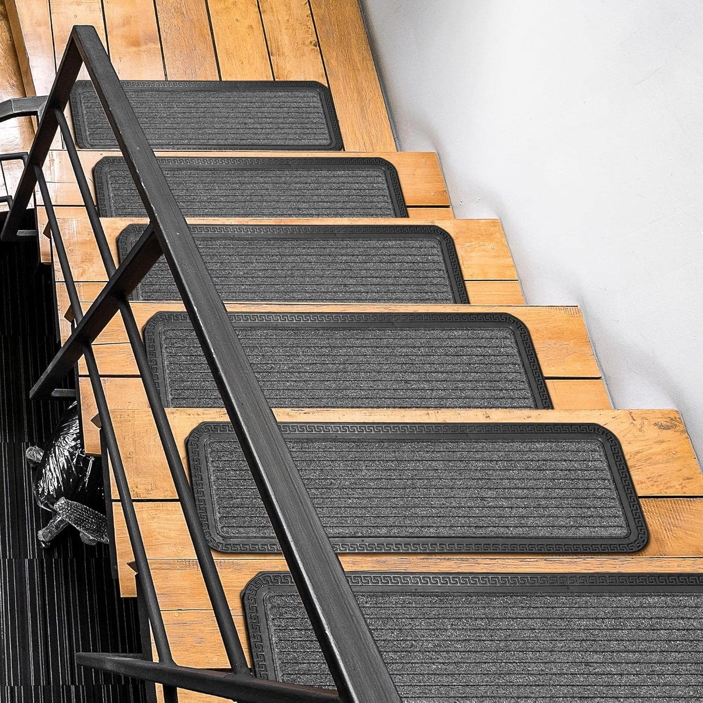 Indoor/Outdoor Hose-Wash Striped Design Non-Slip Rubber 10" X 30" Modern Stair Treads for Stairs, Garage, Patio, 5 Pack, Gray