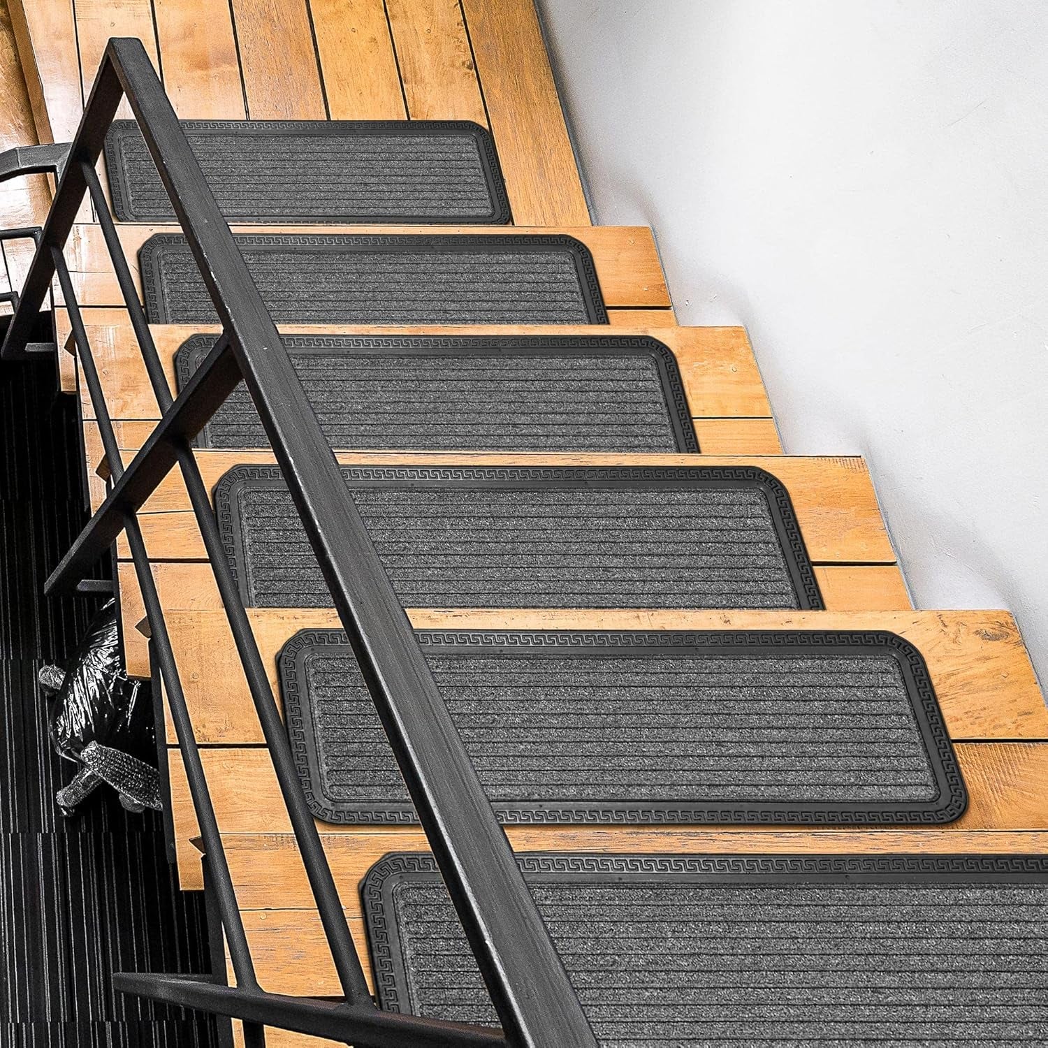 Indoor/Outdoor Hose-Wash Striped Design Non-Slip Rubber 10" X 30" Modern Stair Treads for Stairs, Garage, Patio, 5 Pack, Gray