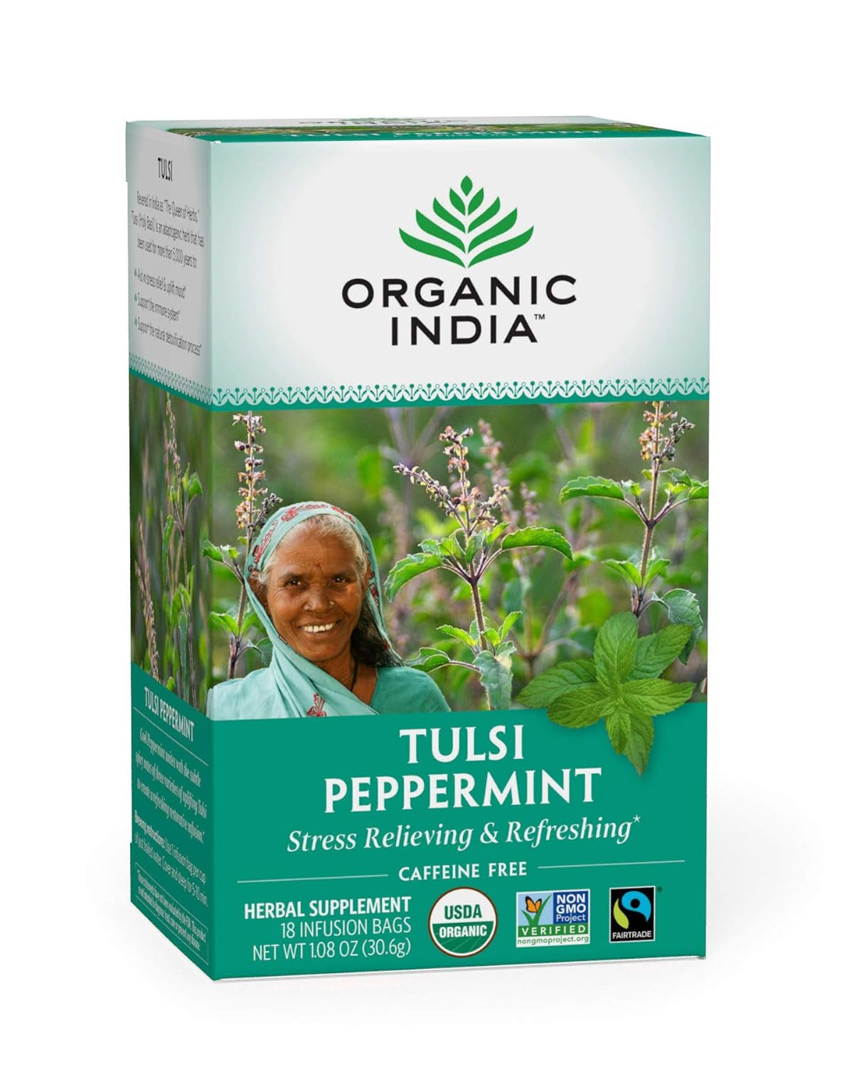 Tulsi Green Tea Bags - Holy Basil Tea, African Basil, Stress Relieving, Immune Support, USDA Certified Organic, Premium Darjeeling Green Tea, Caffeinated - 18 Infusion Bags, 1 Pack TLBH