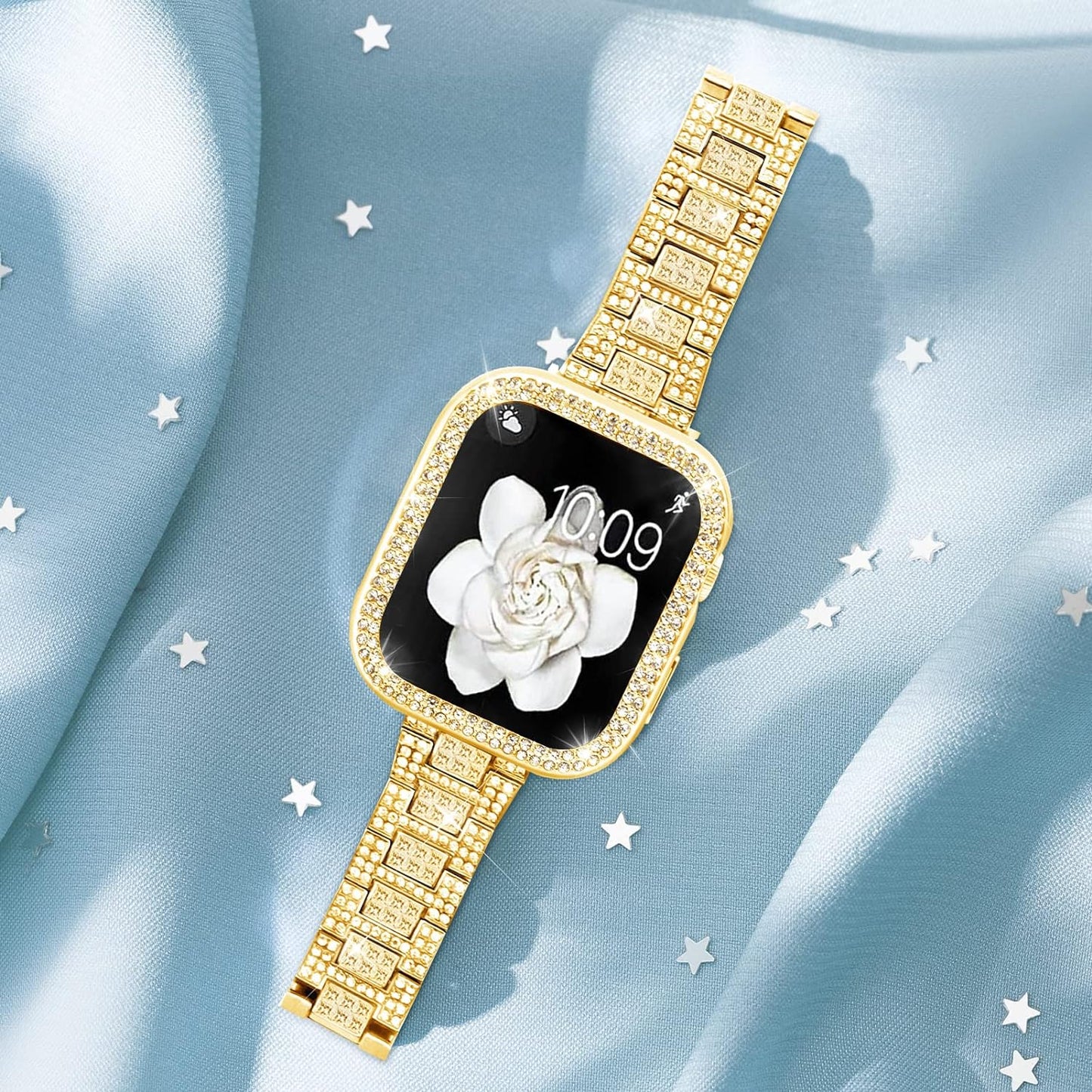 Compatible with Apple Watch Band 38Mm 40Mm 41Mm 42Mm 44Mm 45Mm 49Mm with 2 Pack Case Women, Jewelry Replacement Metal Wristband Strap with Bling PC Protective Case for Iwatch Ultra SE Series 9/8/7/6/5/4/3/2/1