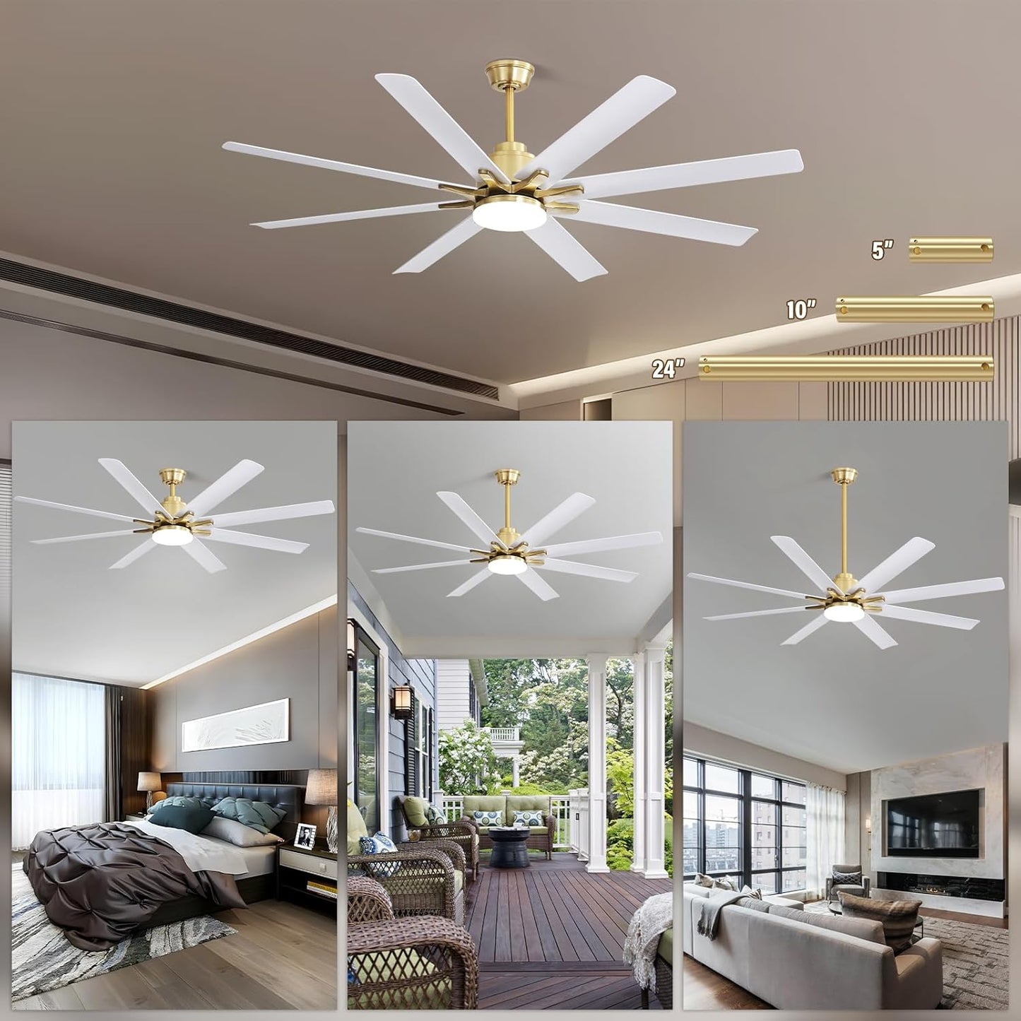 66 Inch Ceiling Fans with Lights and Remote, Indoor Outdoor Mordern Smart Ceiling Fan with Reversible Quiet DC Motor, 6 Speed, 8 Blades for Bedroom Living Room Patios Balcony (White+Gold)